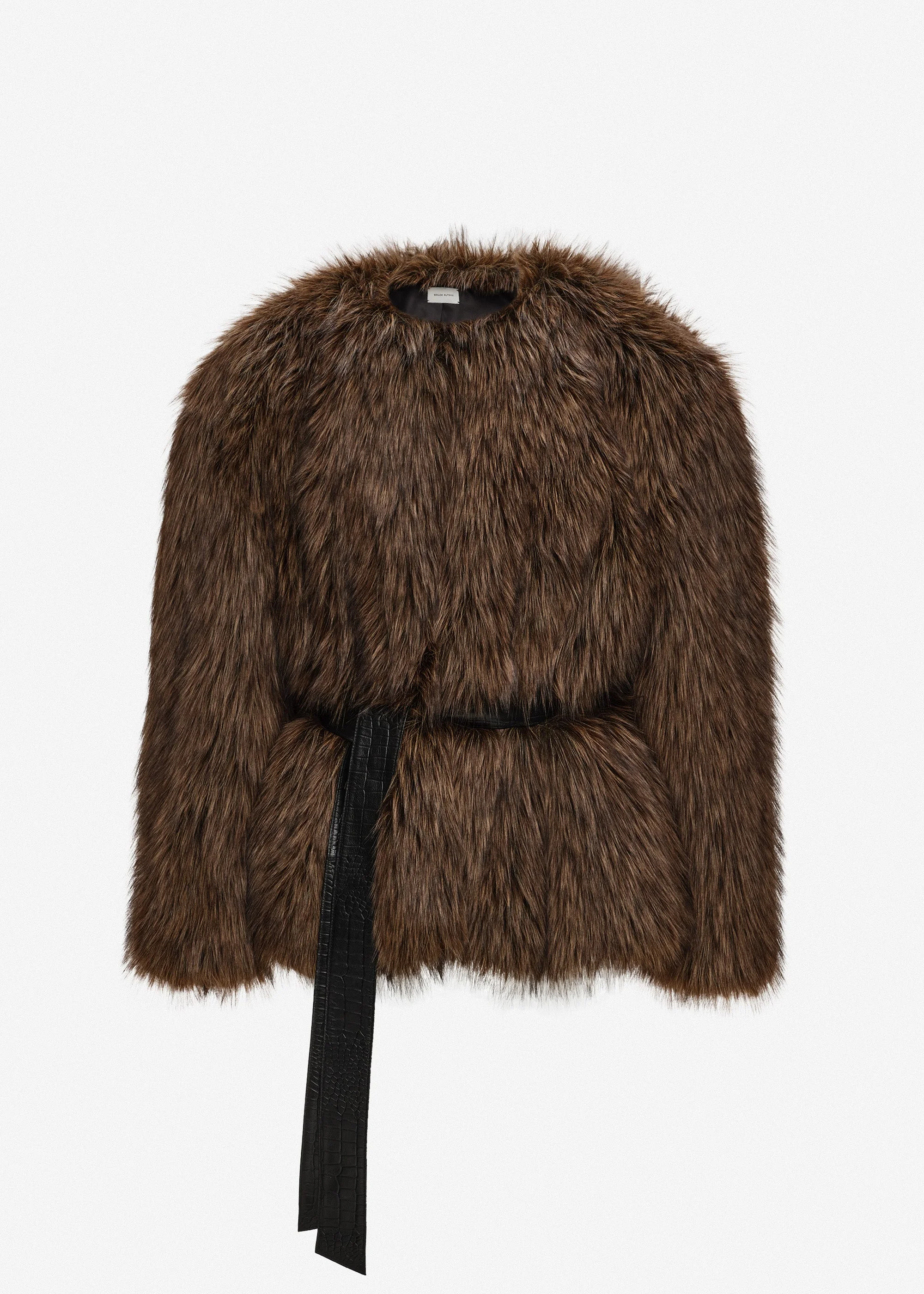 Belted faux fur jacket in brown - 1
