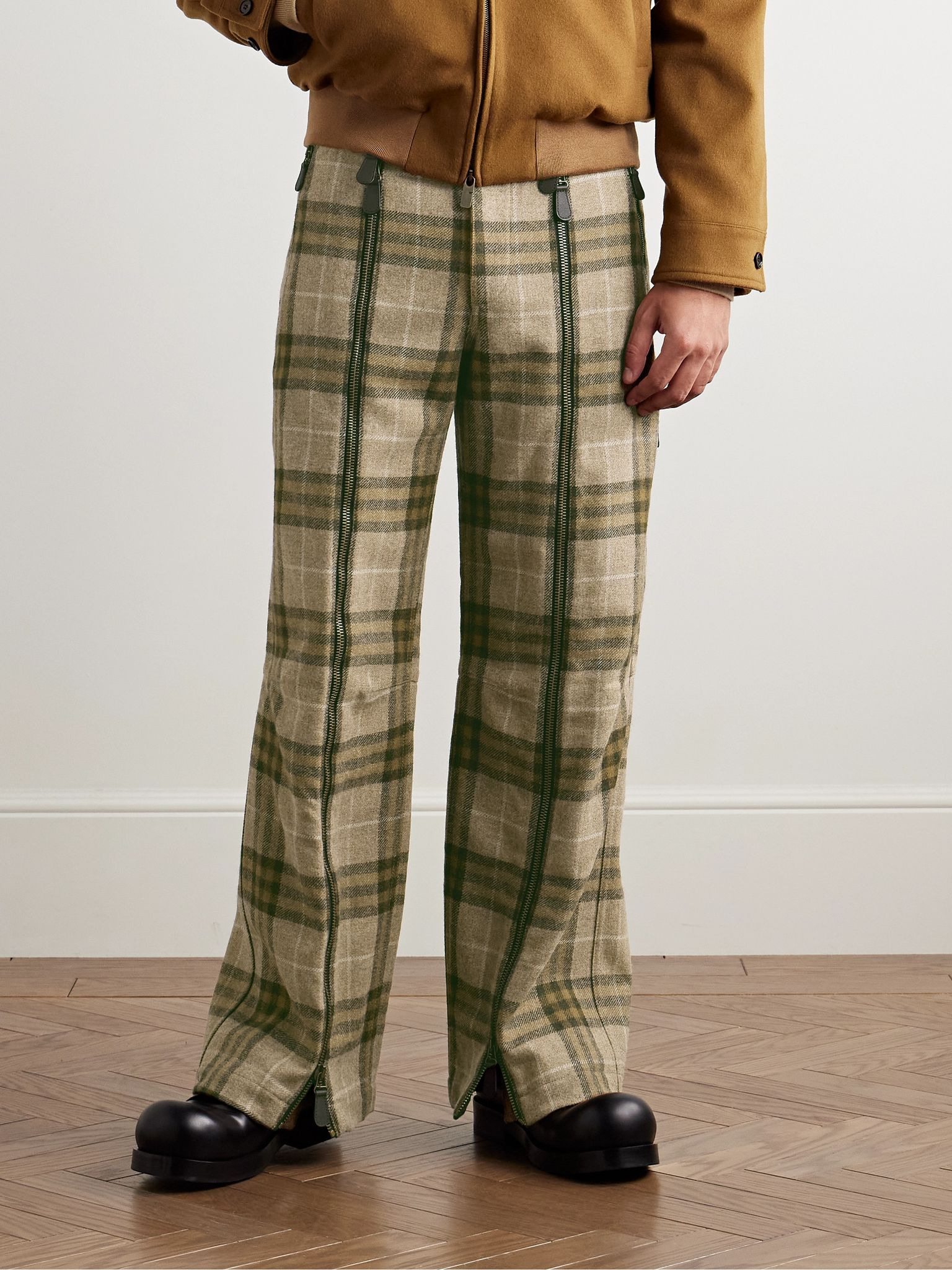 Straight-Leg Zip-Detailed Checked Wool Trousers Green - 3