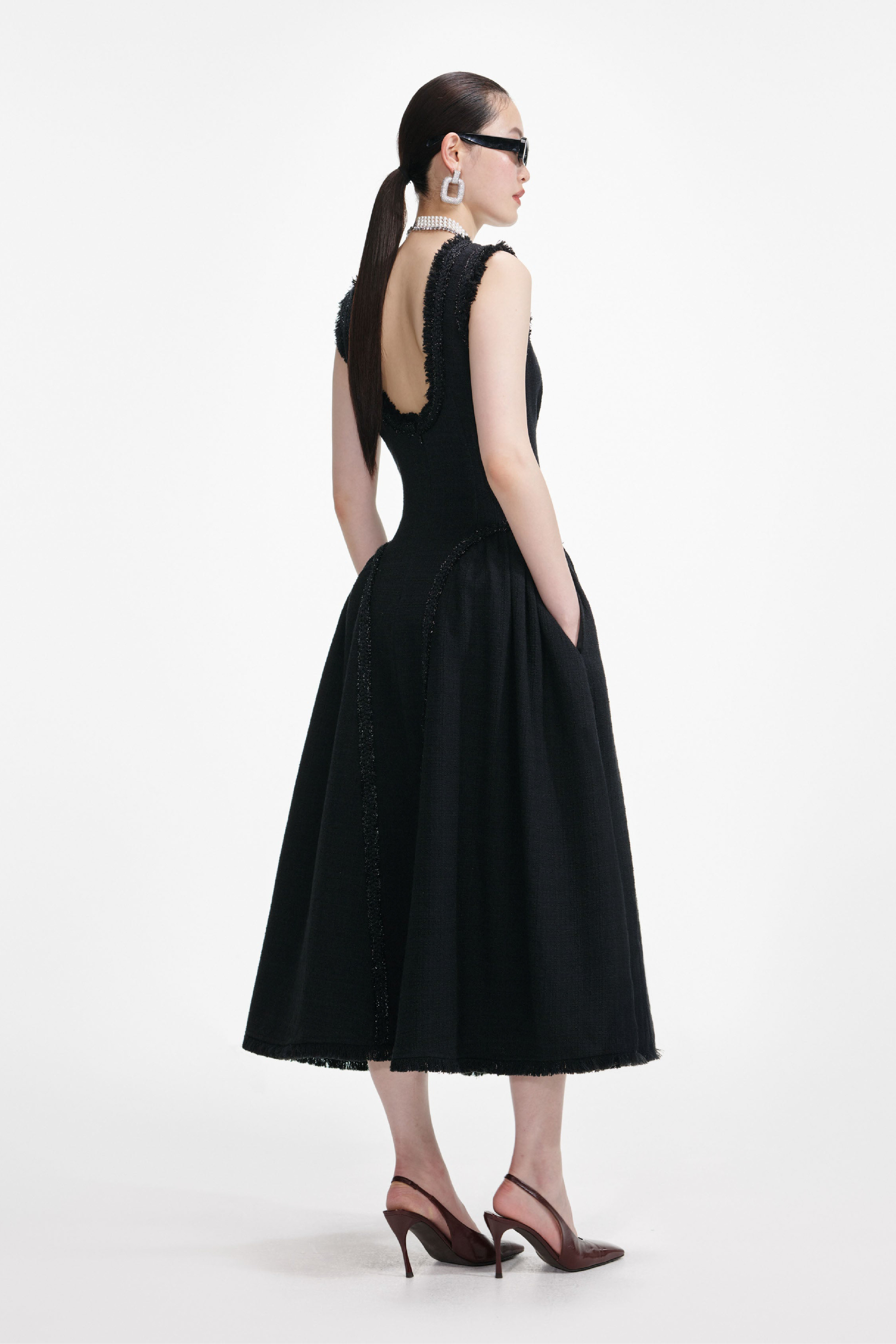 BLACK BOUCLE SLEEVELESS MIDI DRESS - 3