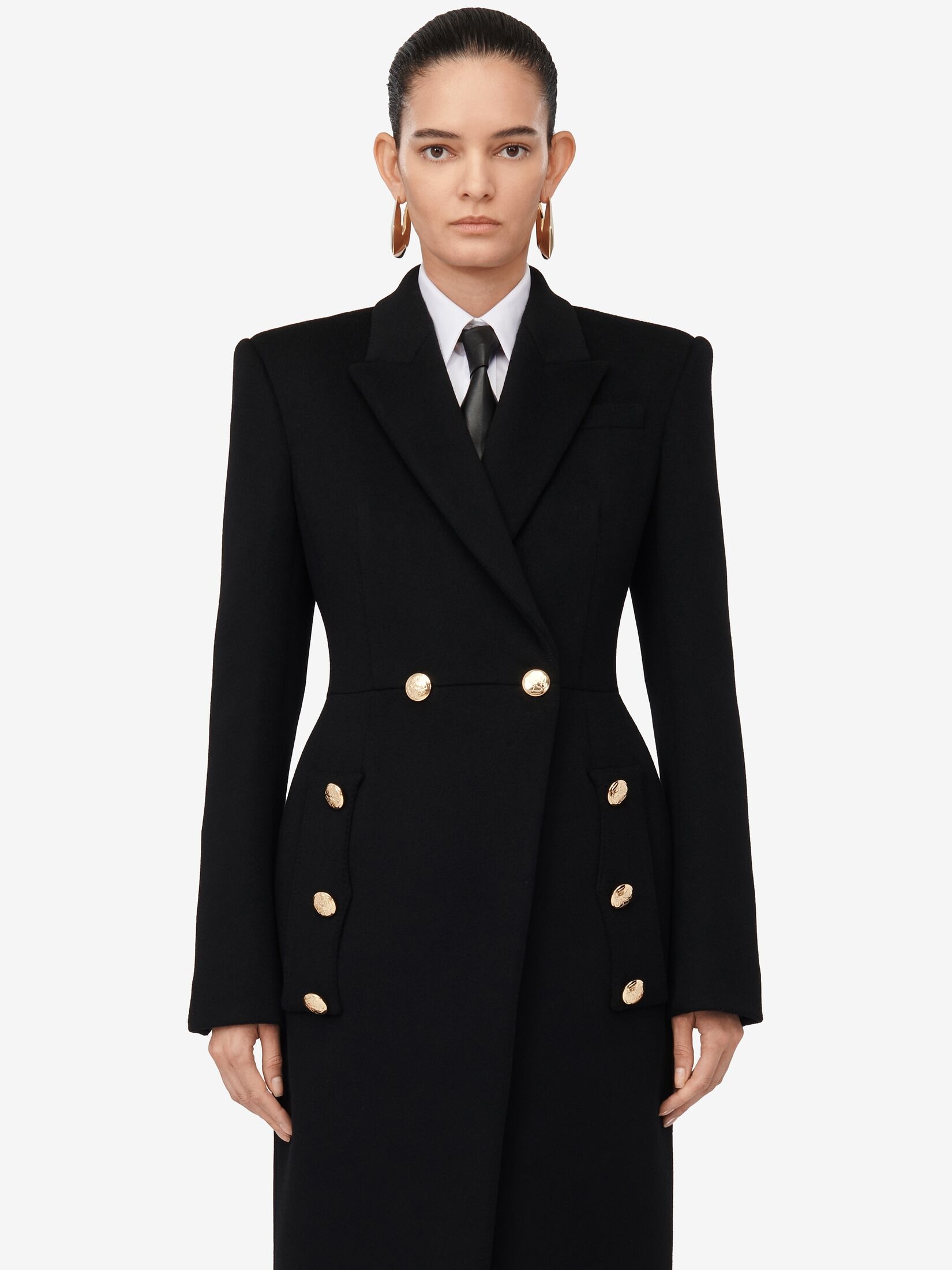 Women's Double-breasted Military Coat in Black - 5