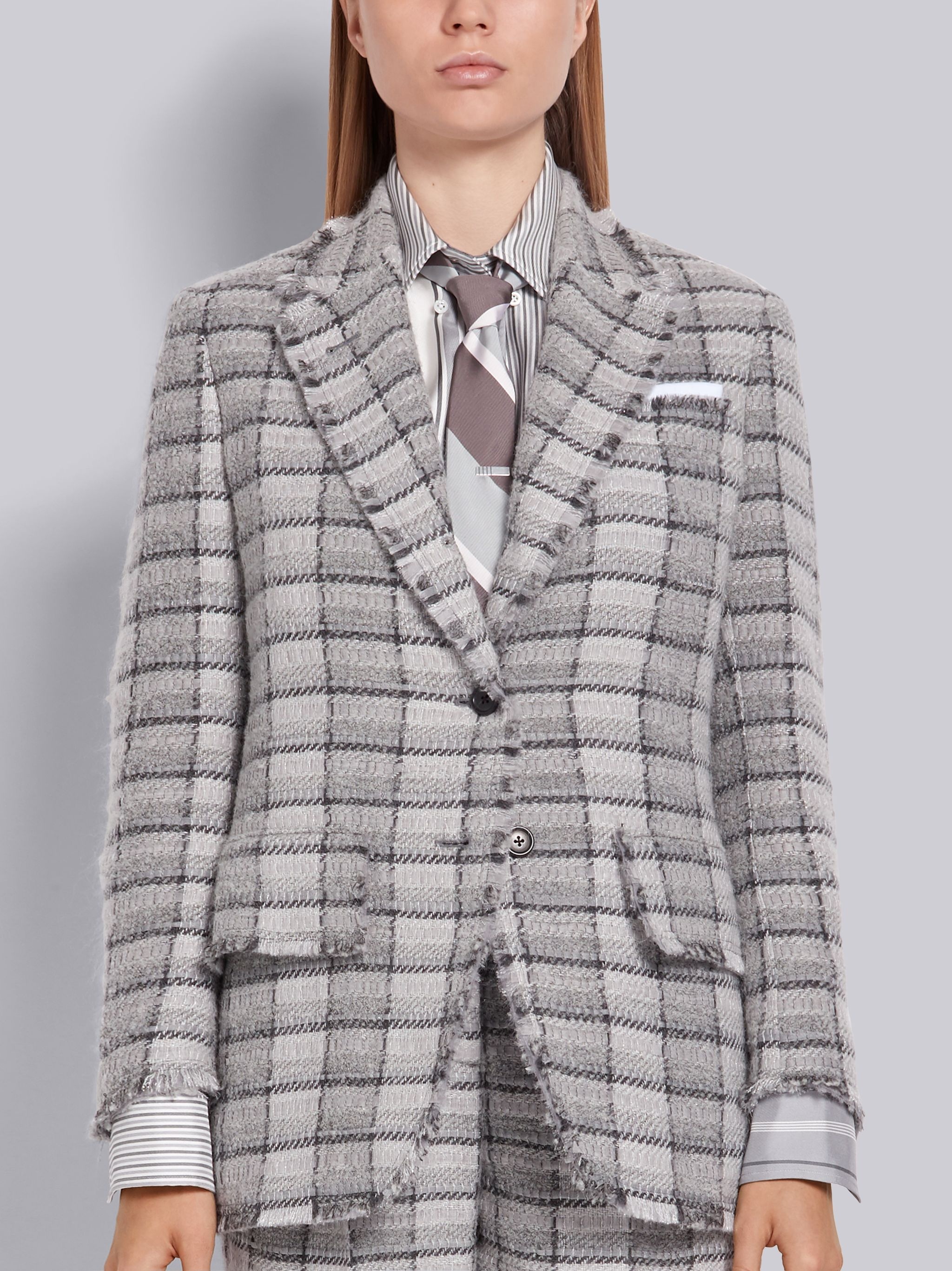 Medium Grey Oversized Check Organza Ribbon Wool Tweed Frayed Wide Lapel Jacket - 1