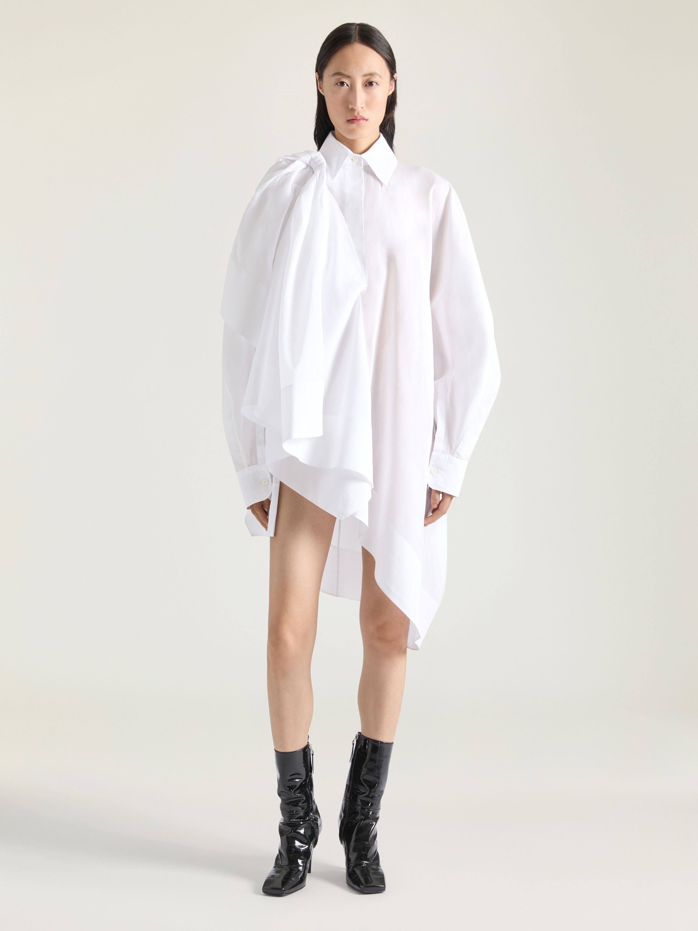 ASYMMETRIC SHIRT DRESS IN COTTON WITH BOW DETAIL - 2