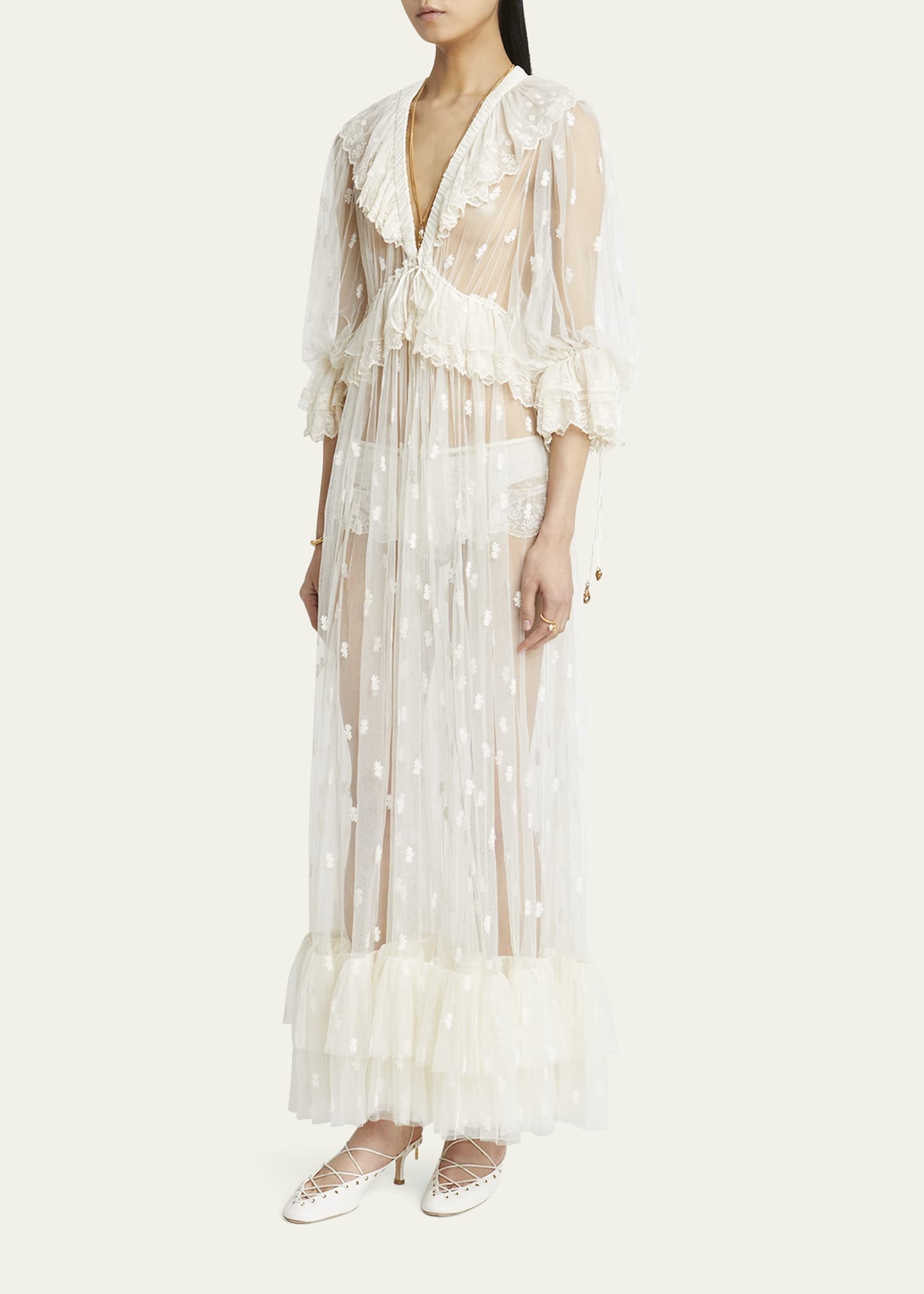 Long Lace Ruffled Drawstring Dress - 4