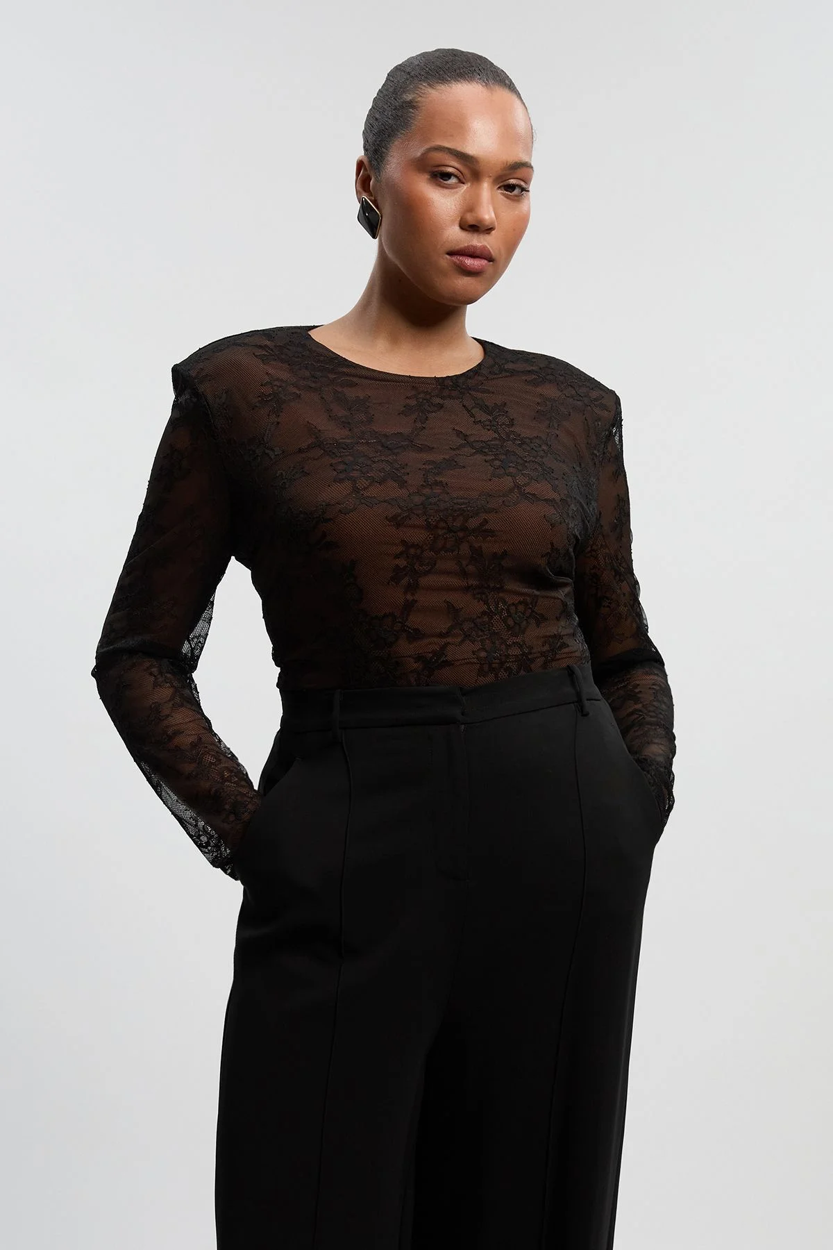 Plus Size Lace Long Sleeve Bodysuit - 1