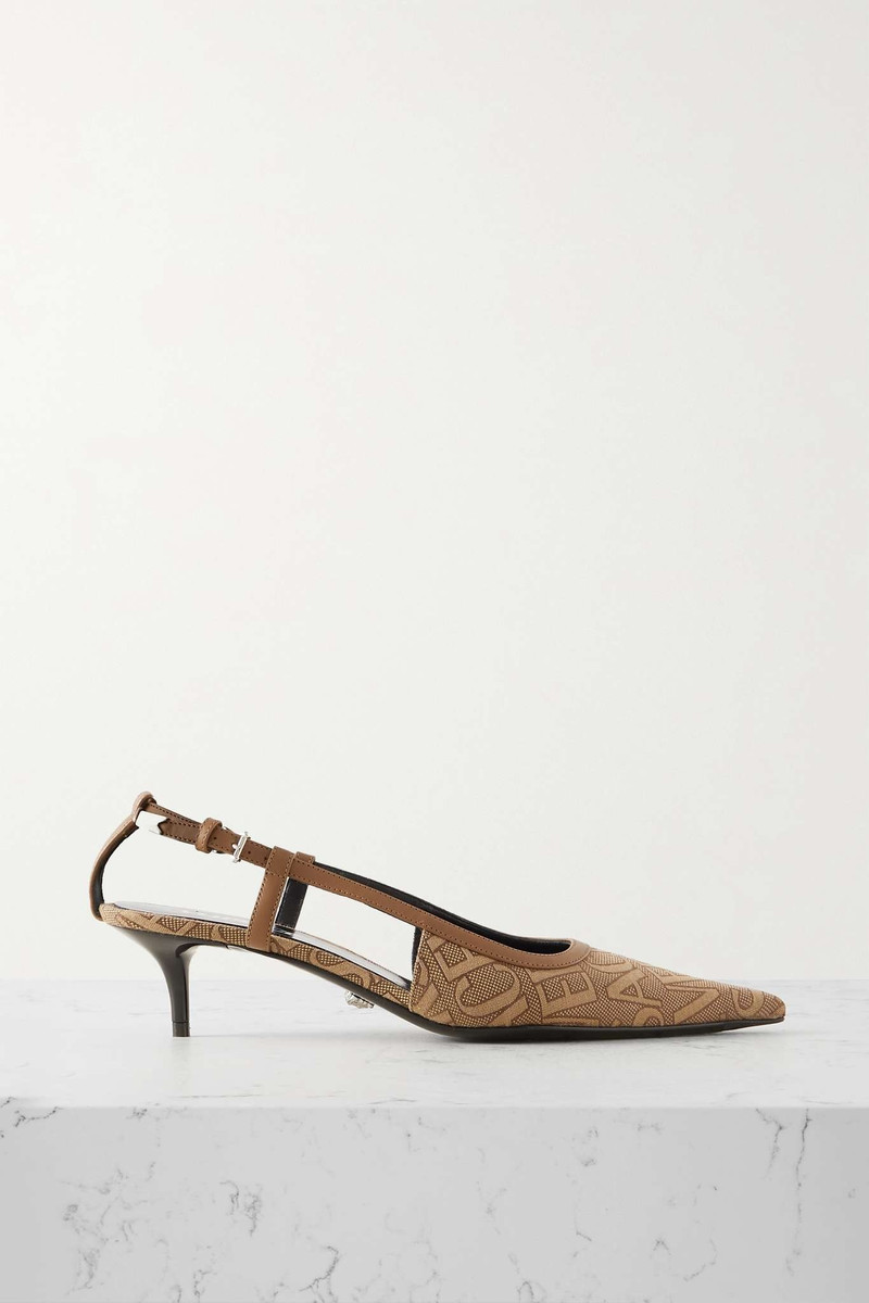 Leather-trimmed logo-jacquard canvas slingback pumps - 1