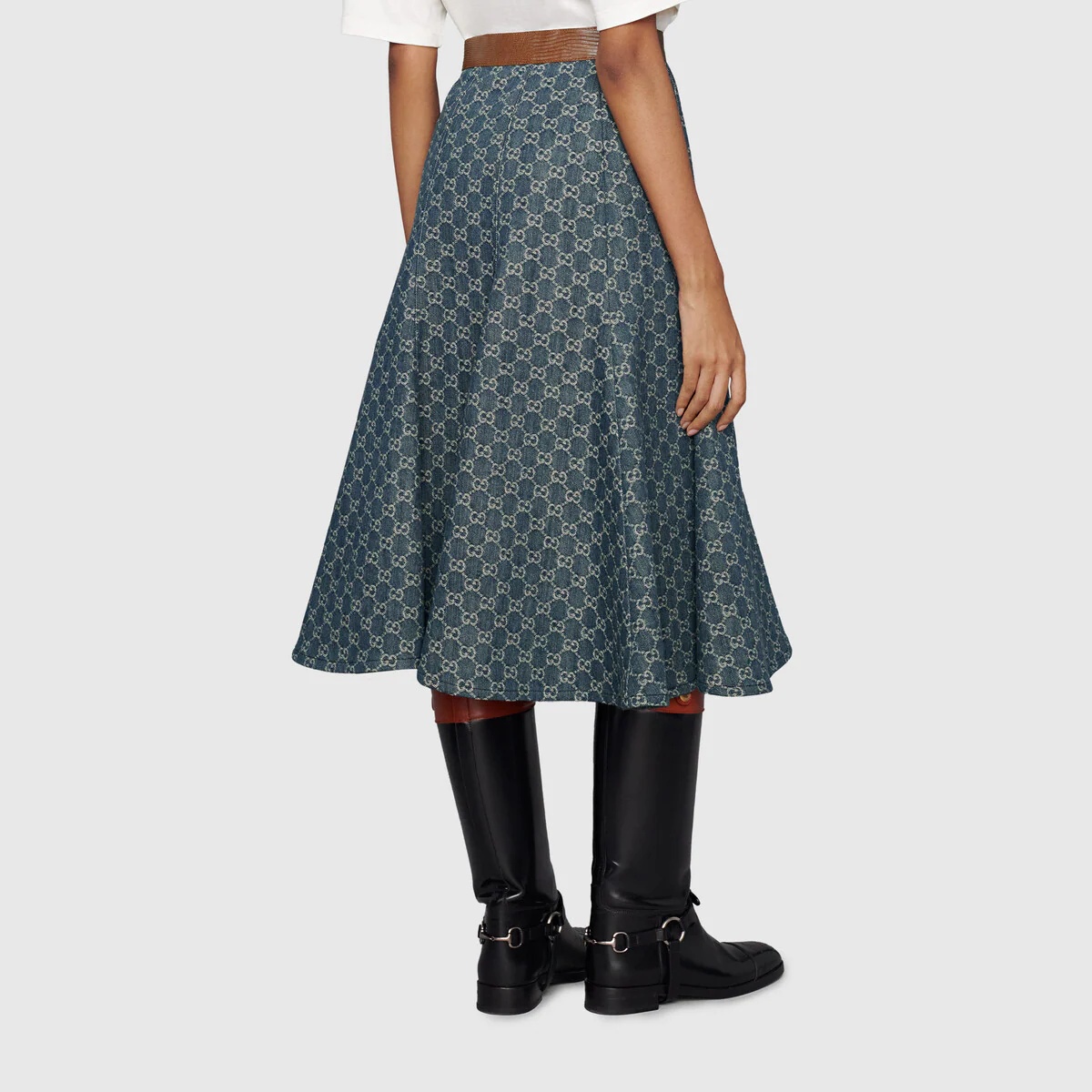 GG denim skirt with leather trim - 4