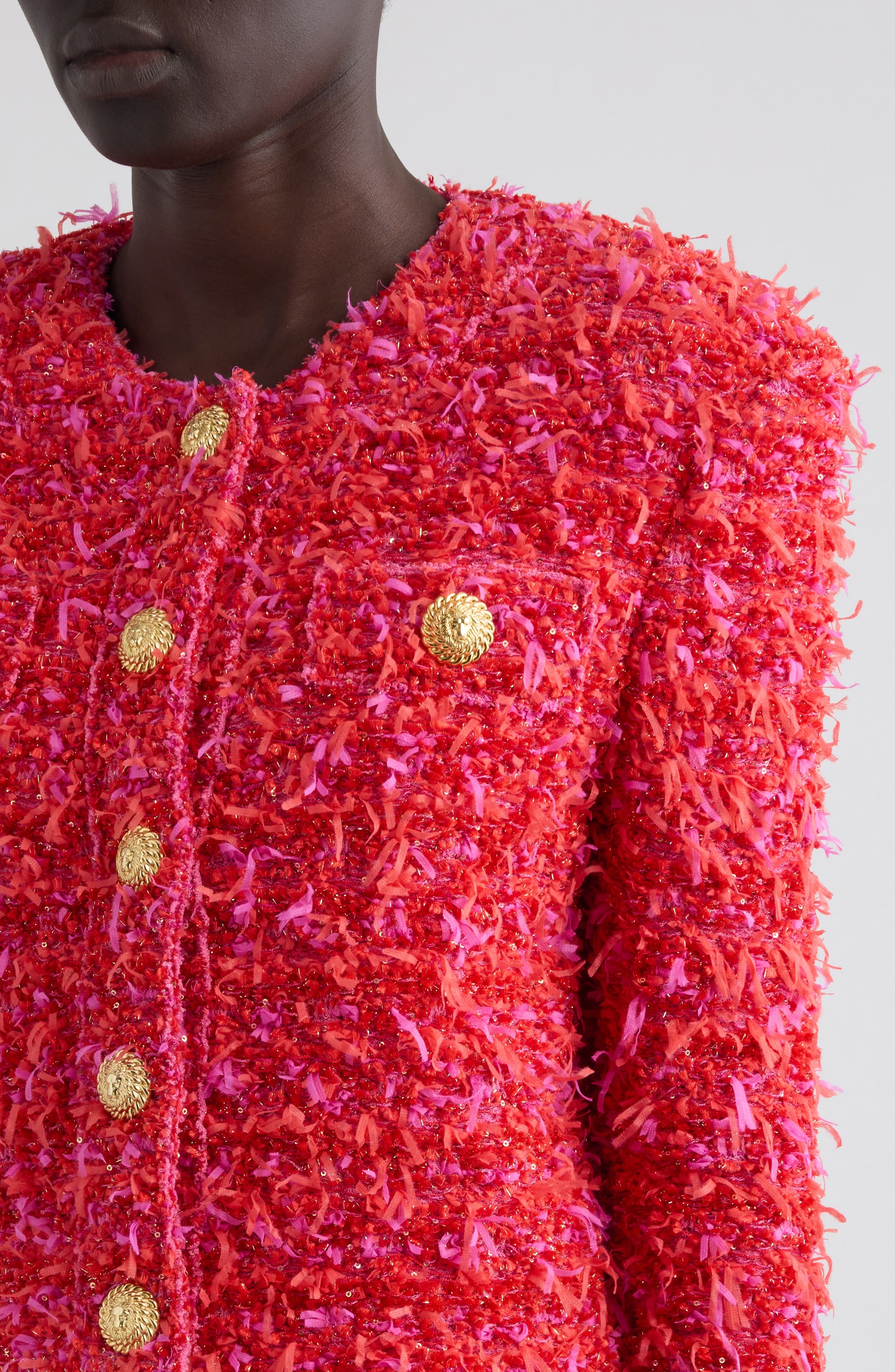 Balmain Crop Sequin Tweed Jacket in Mcw Red/Pink at Nordstrom - 4
