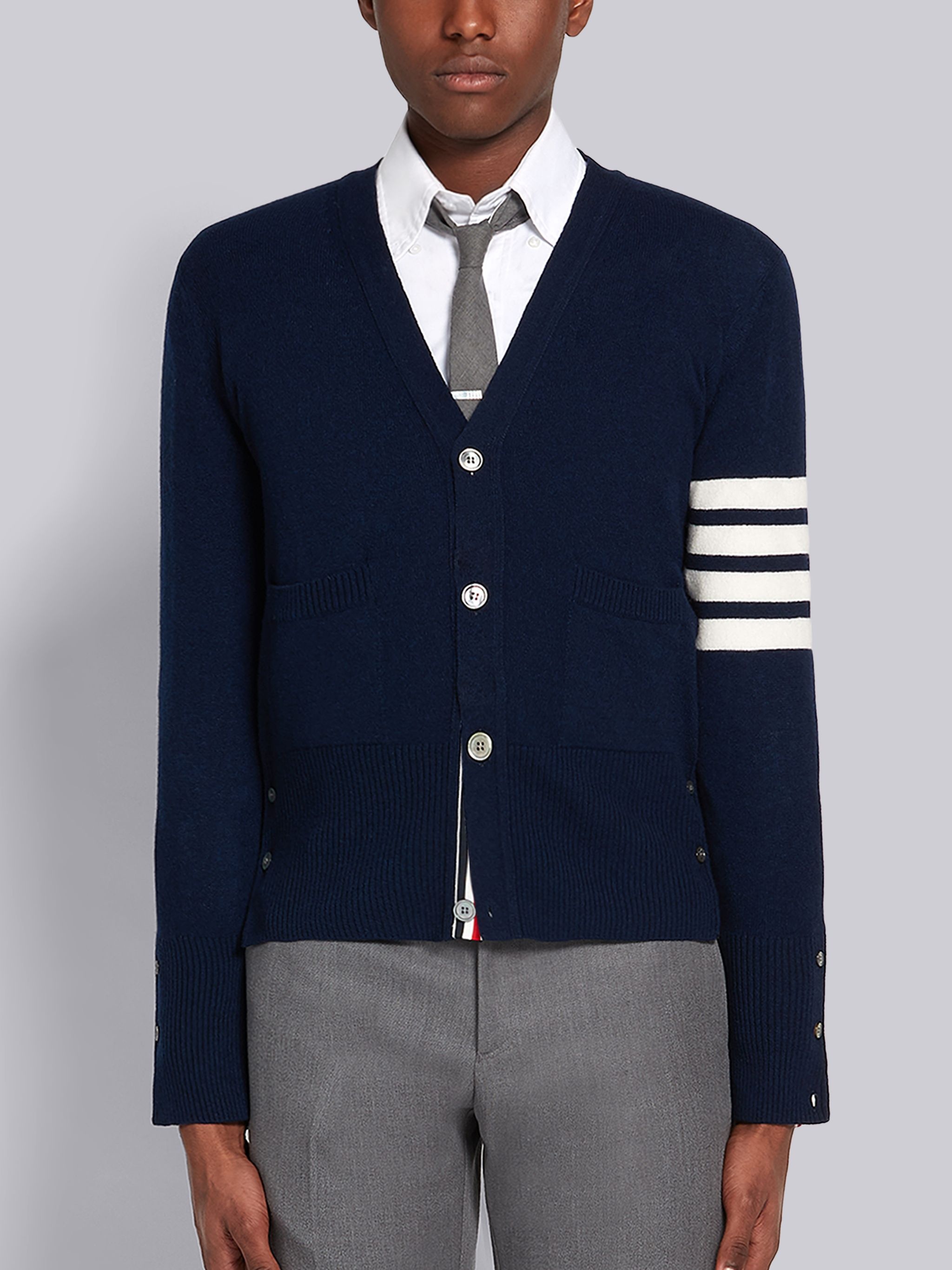 Navy Cashmere 4-bar V-neck Cardigan - 1