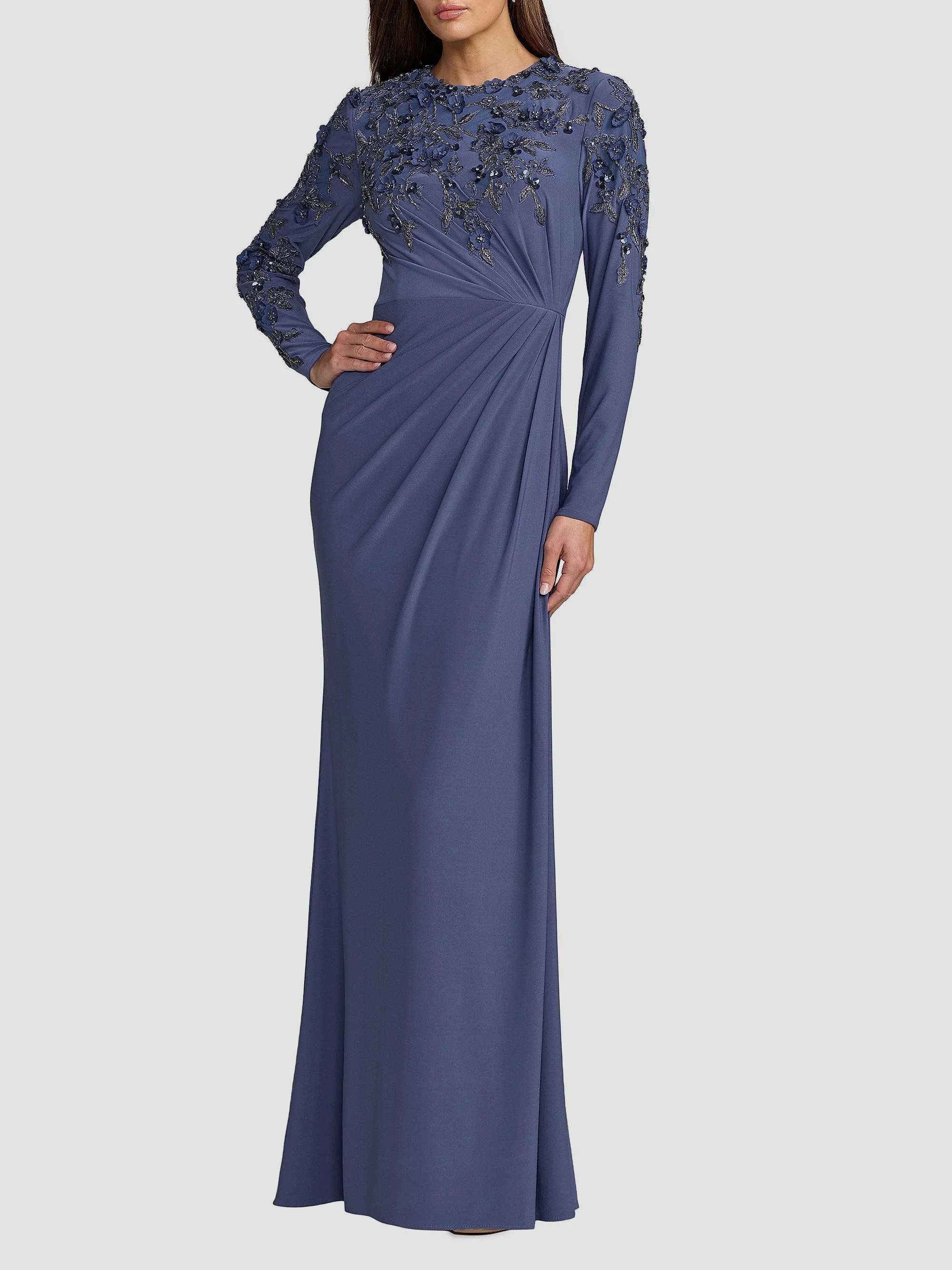 Women's Beaded Jersey Column Gown - Blue Haze - 1