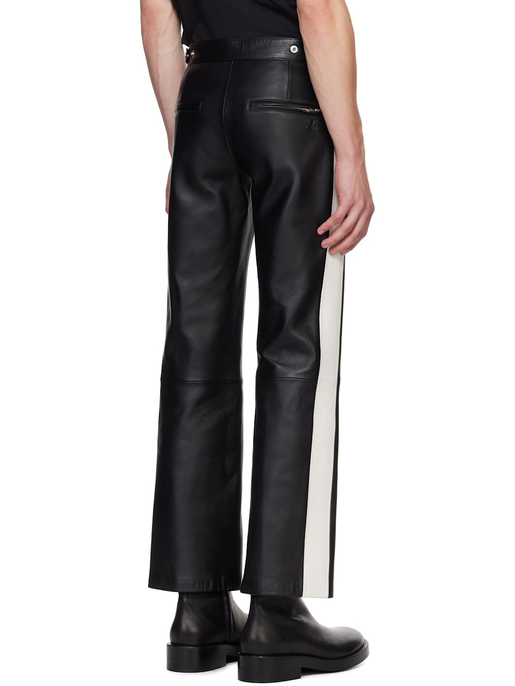 Black & White Contrast Band Biker Leather Pants - 3