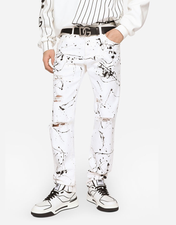 Slim-fit stretch jeans with rips and splash design - 4