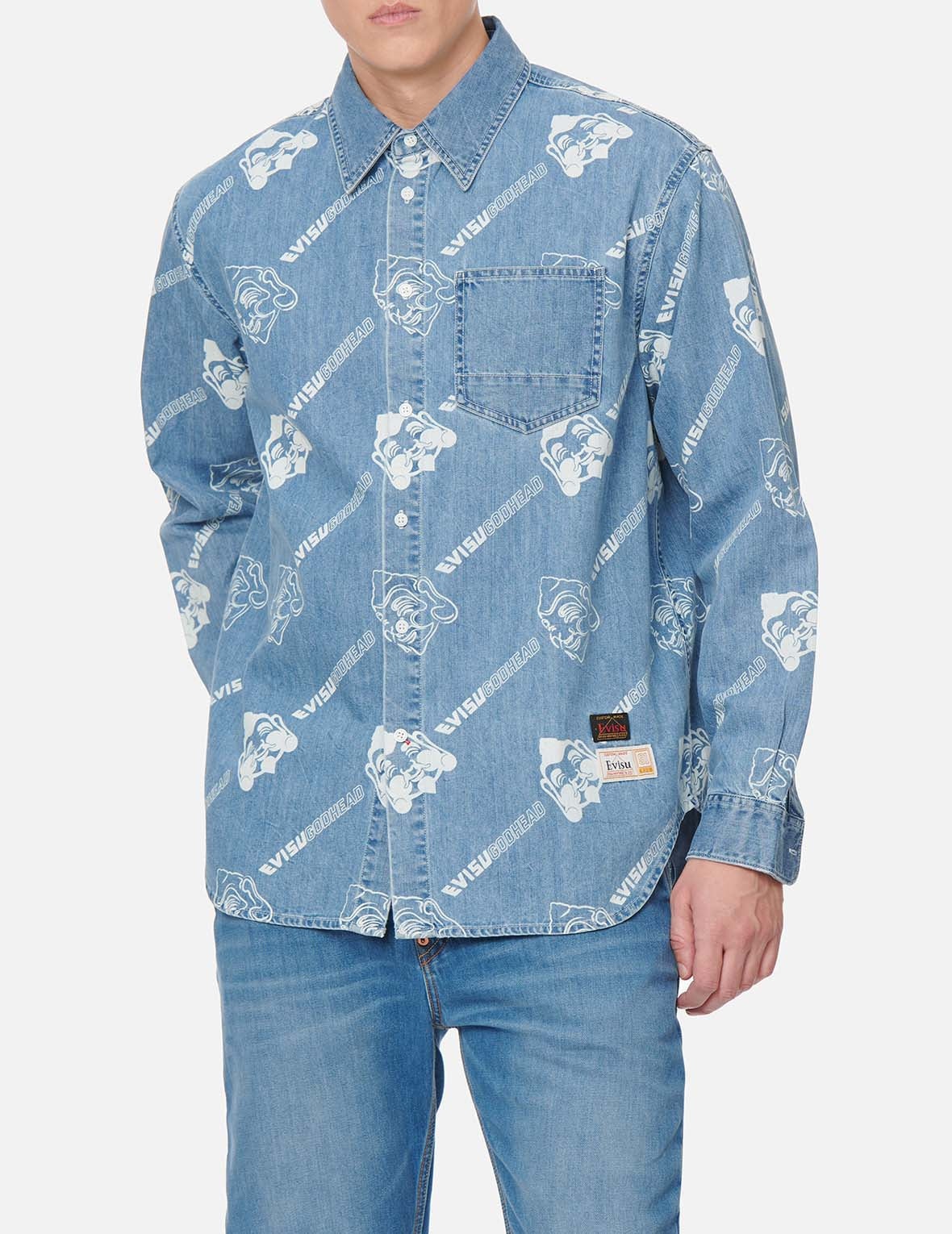 Allover Godhead and Logo Discharged  Print Denim Shirt - 3