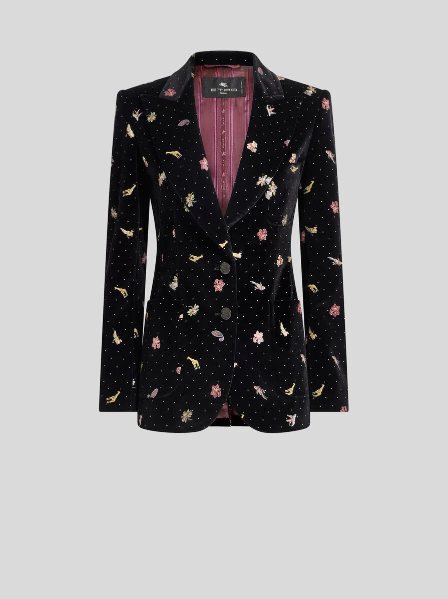 SINGLE-BREASTED COTTON VELVET JACKET WITH FLOWER AND ANIMAL MOTIF - 1