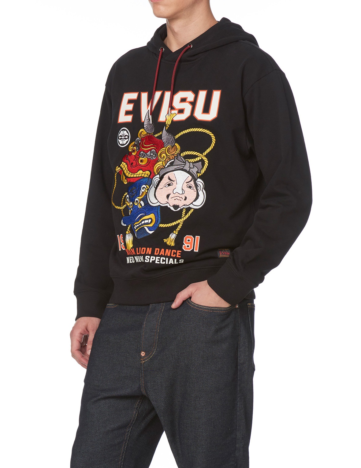 LION DANCE MASK BLACK EMBROIDERED HOODIE - 3
