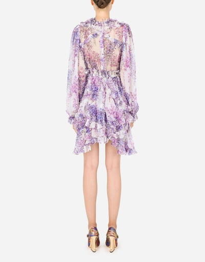 Dolce & Gabbana Short wisteria-print chiffon dress with ruches outlook