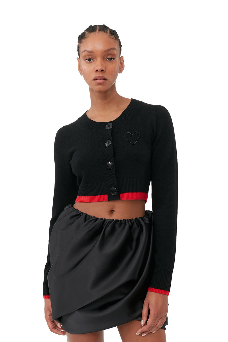 GANNI BLACK O-NECK CROPPED CARDIGAN outlook