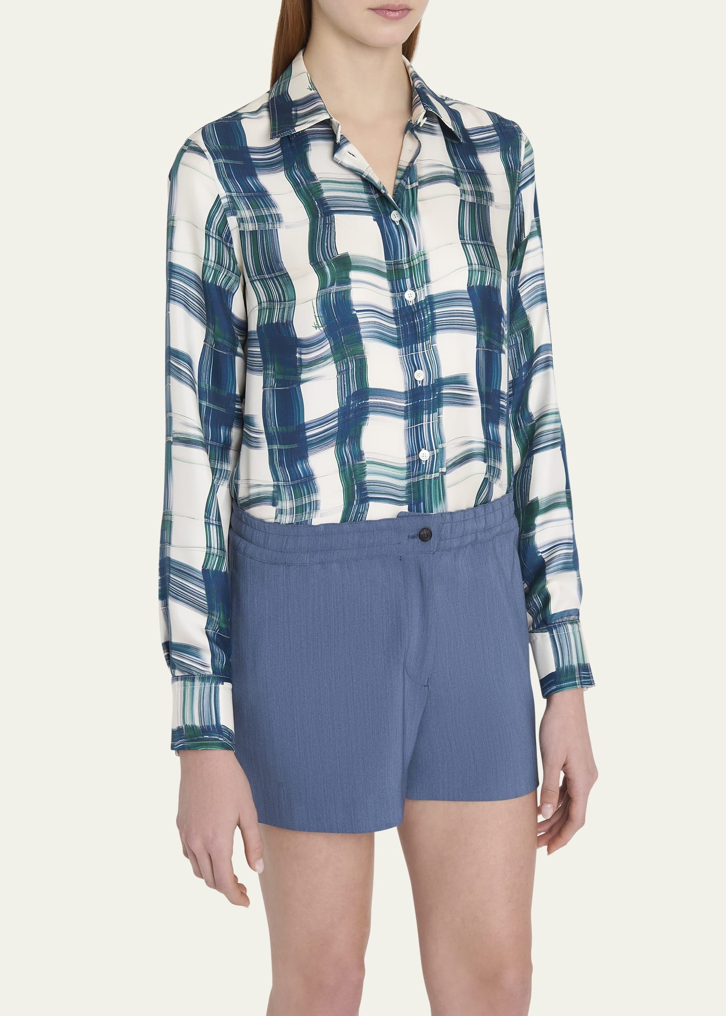 Brushstroke Check Button Down Silk Blouse - 4