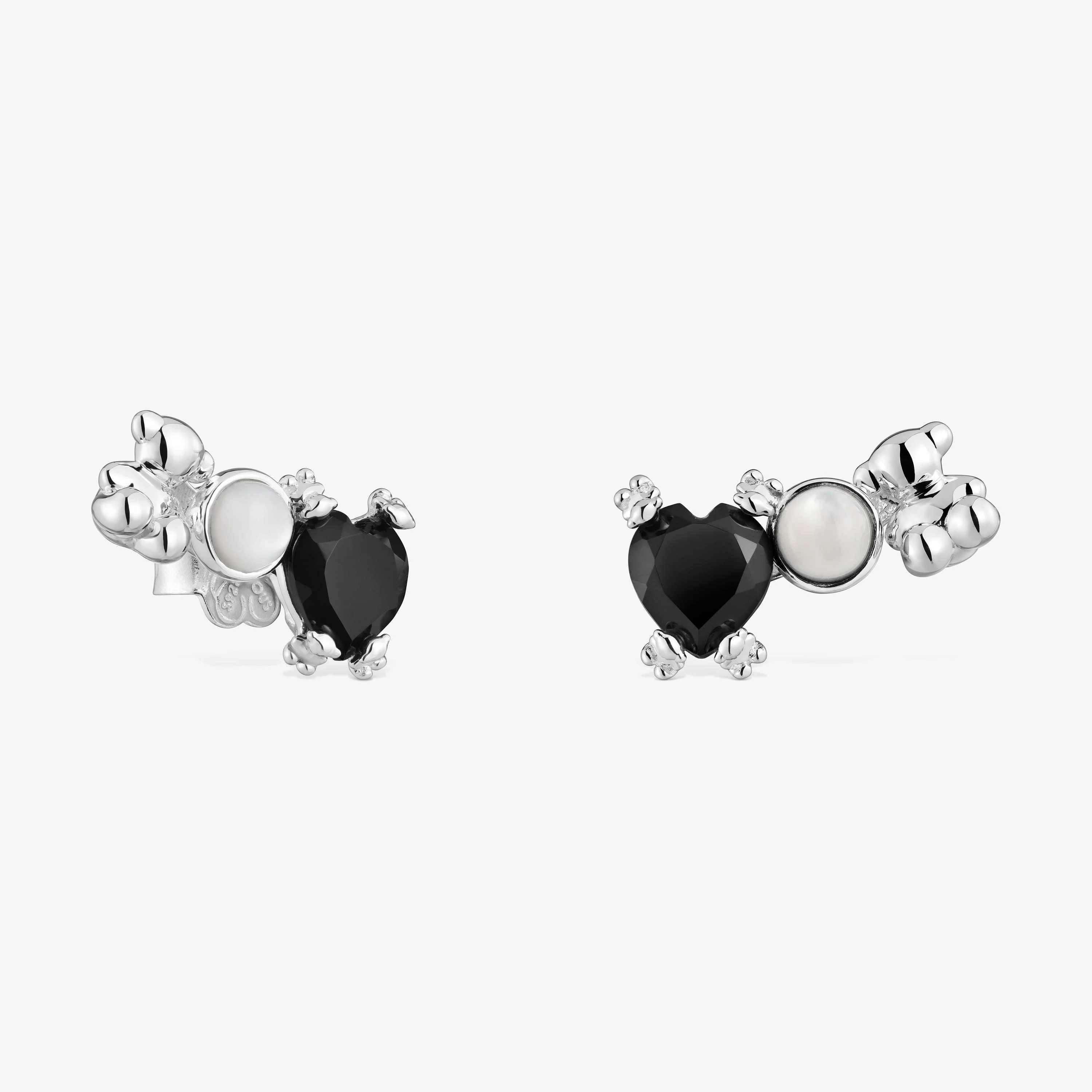 Silver Color Pills Climber earrings with bear and with onyx and mother-of-pearl - 1