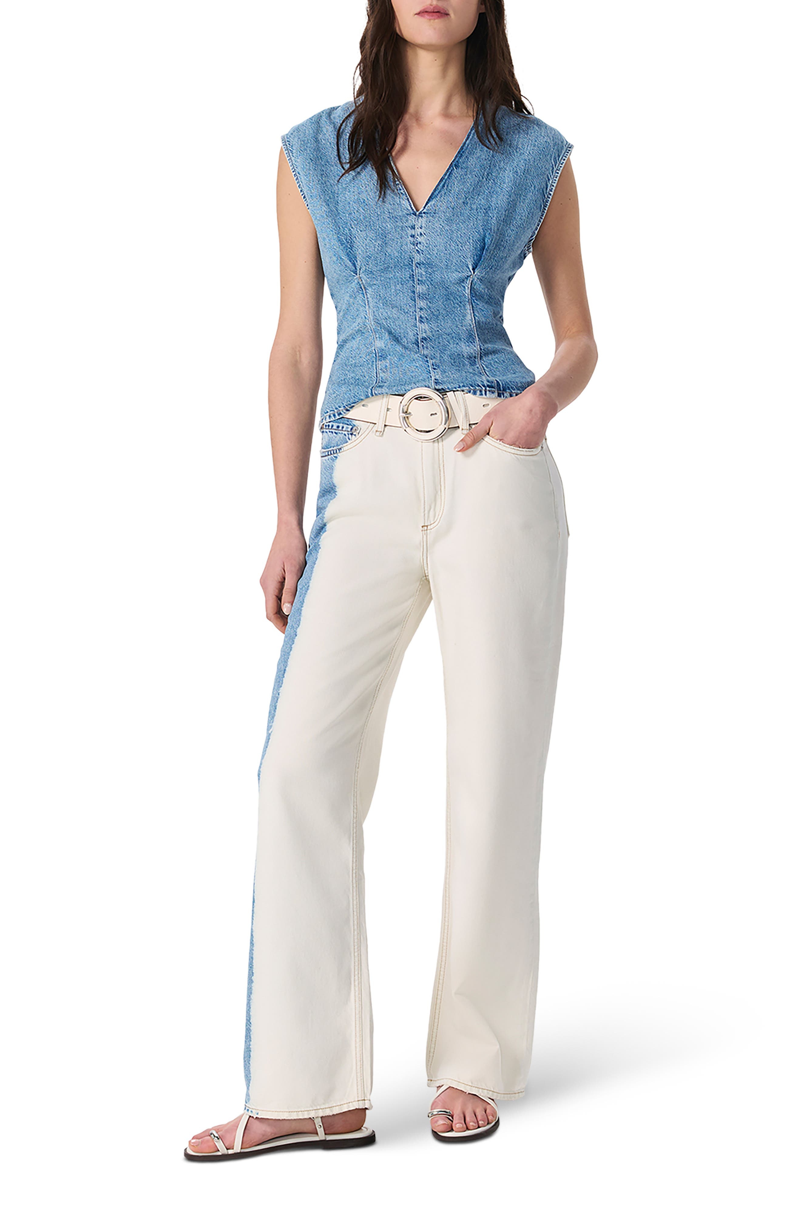 rag & bone Featherweight Logan Two-Tone Mid Rise Wide Leg Jeans in Bleach Blue at Nordstrom - 6