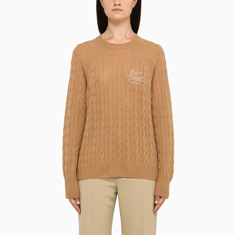 Beige cable-knit crew-neck sweater - 1