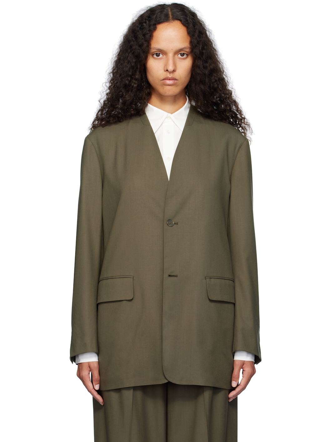 Khaki Super Fine Tropical Wool No Collar Blazer - 1