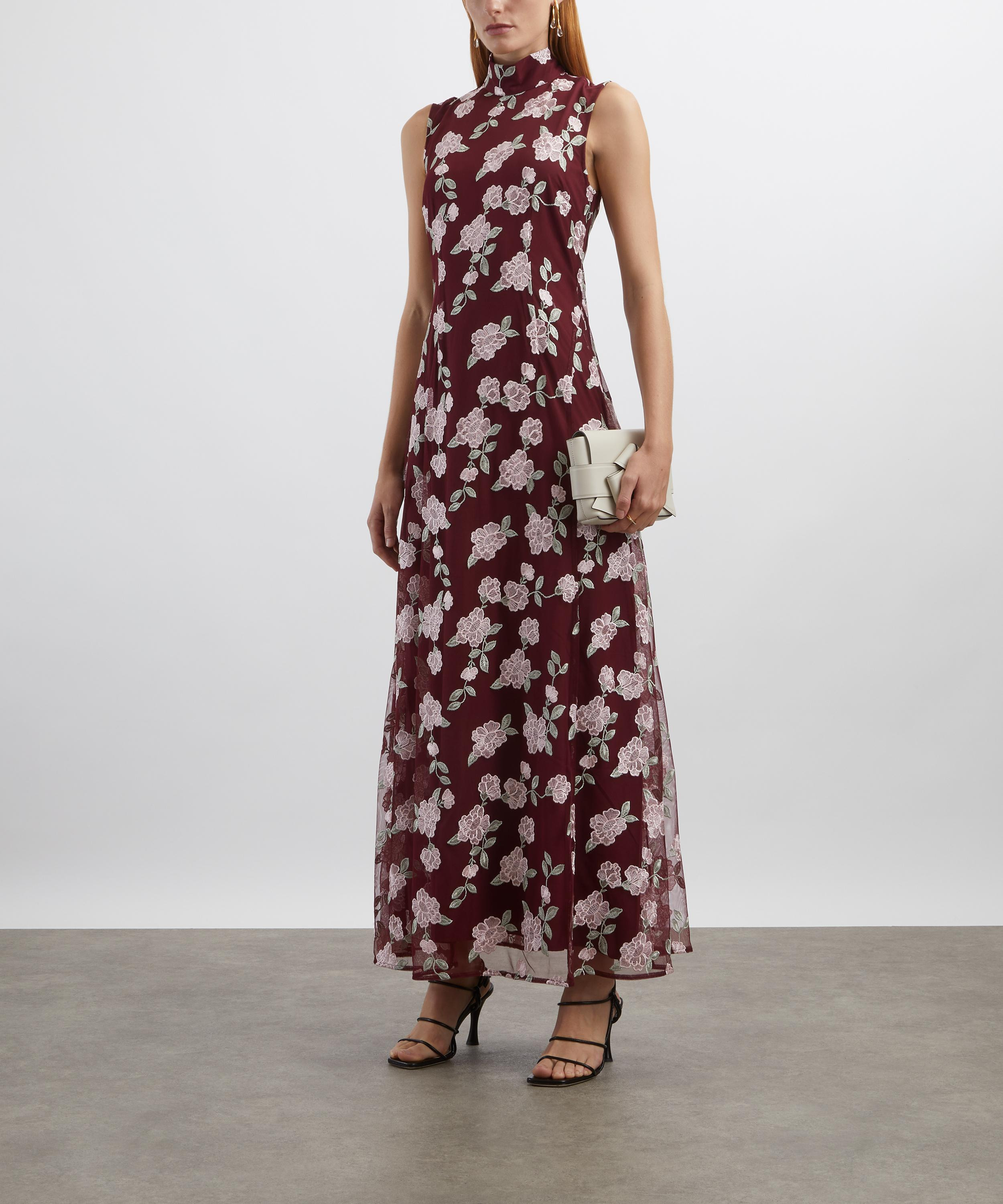 Sleeveless Bordeaux Flower Print Maxi Dress - 2