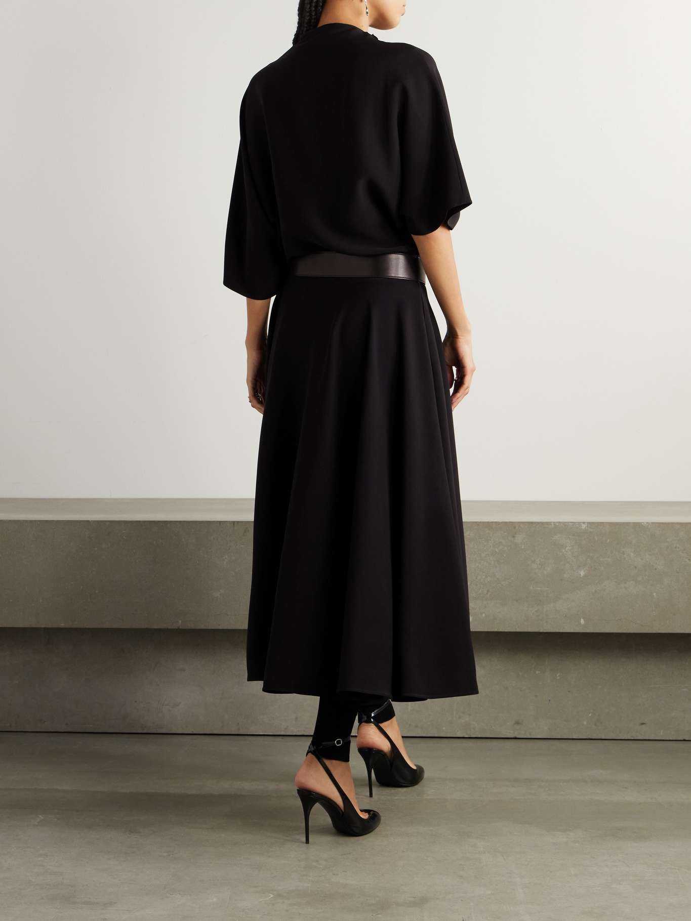 Asymmetric draped leather-trimmed cady midi dress Black - 3