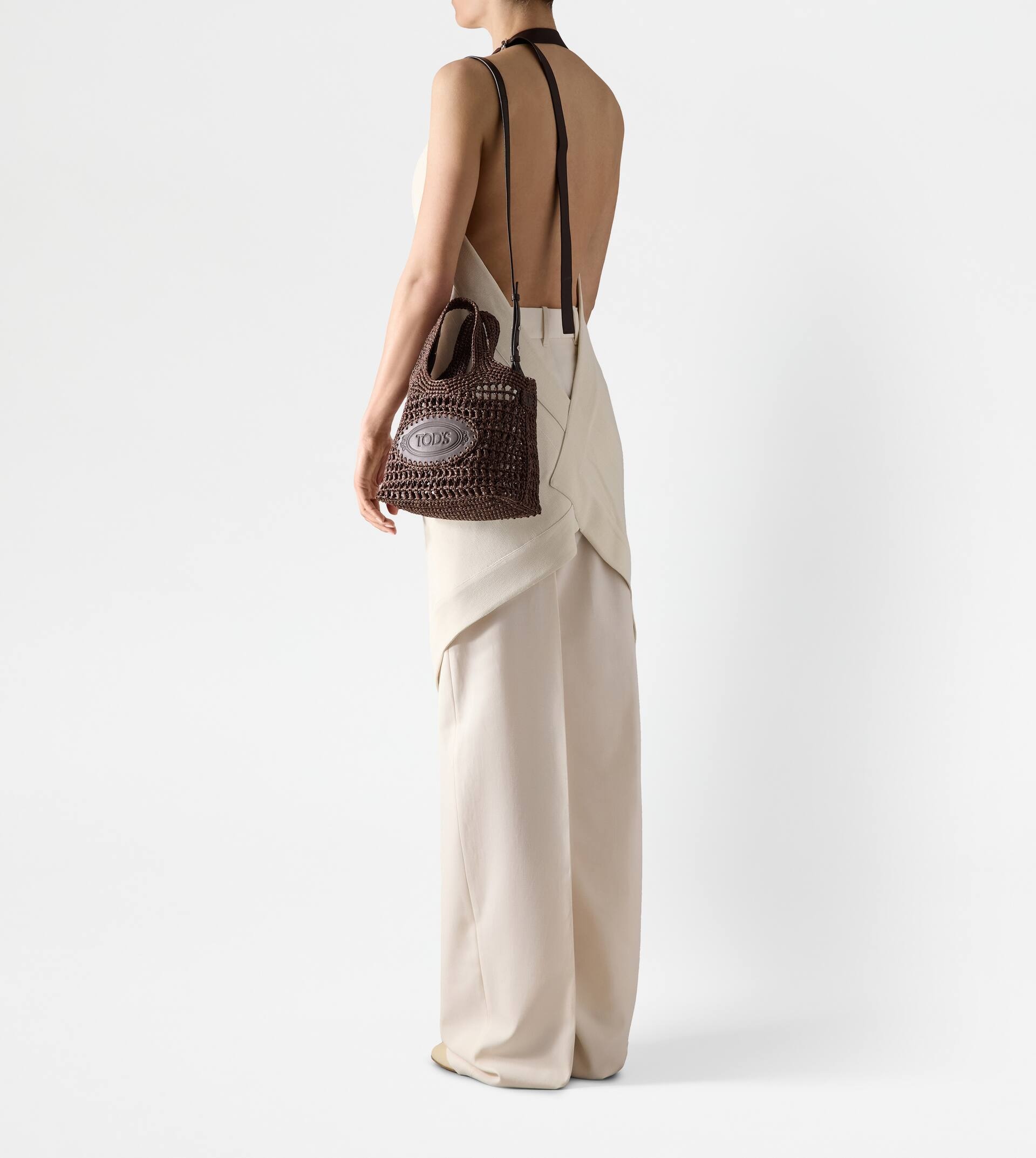 SHOPPING BAG IN RAFFIA AND LEATHER MINI - BROWN - 7