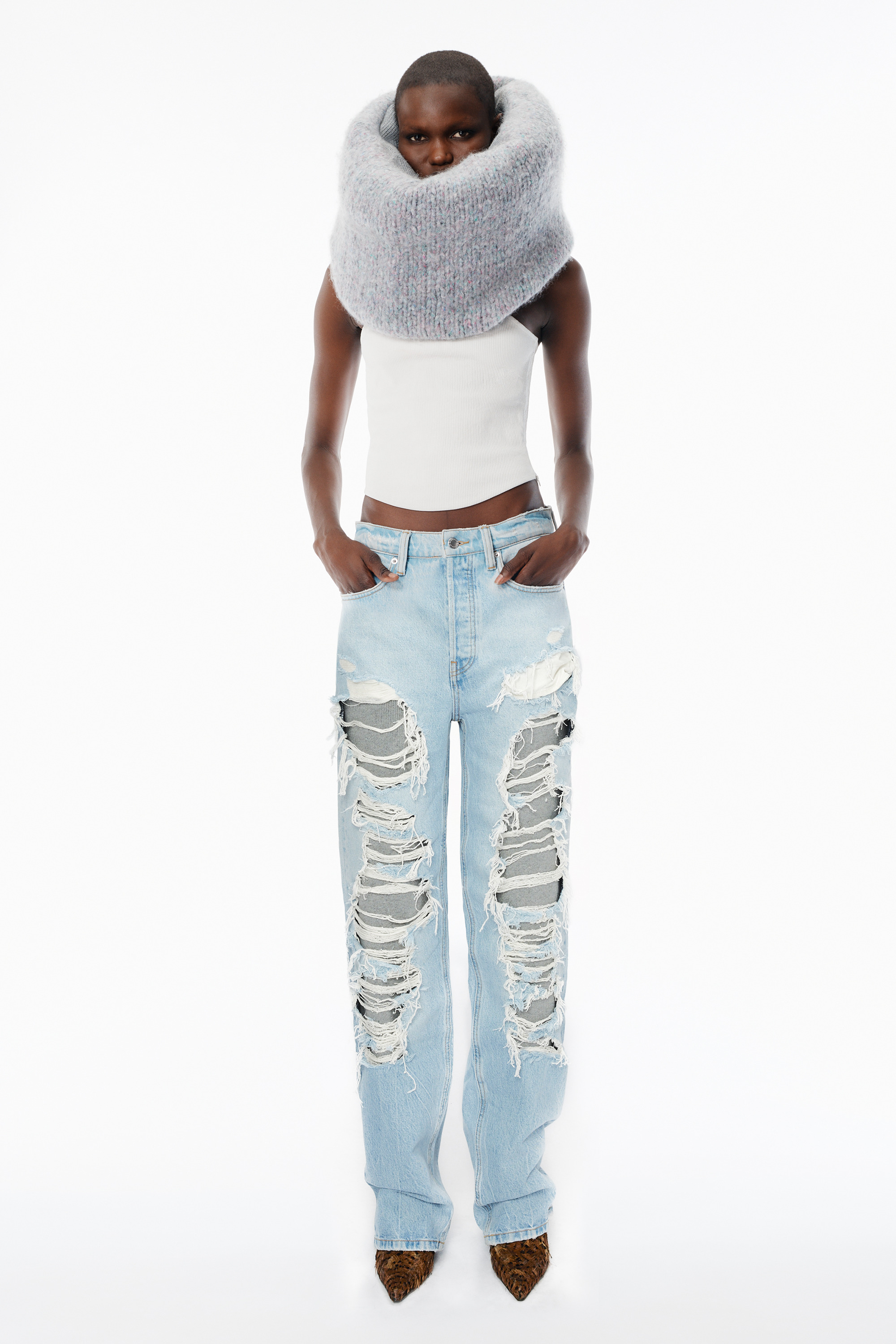 Indigo Distressed Jean with Knit Detail - 2