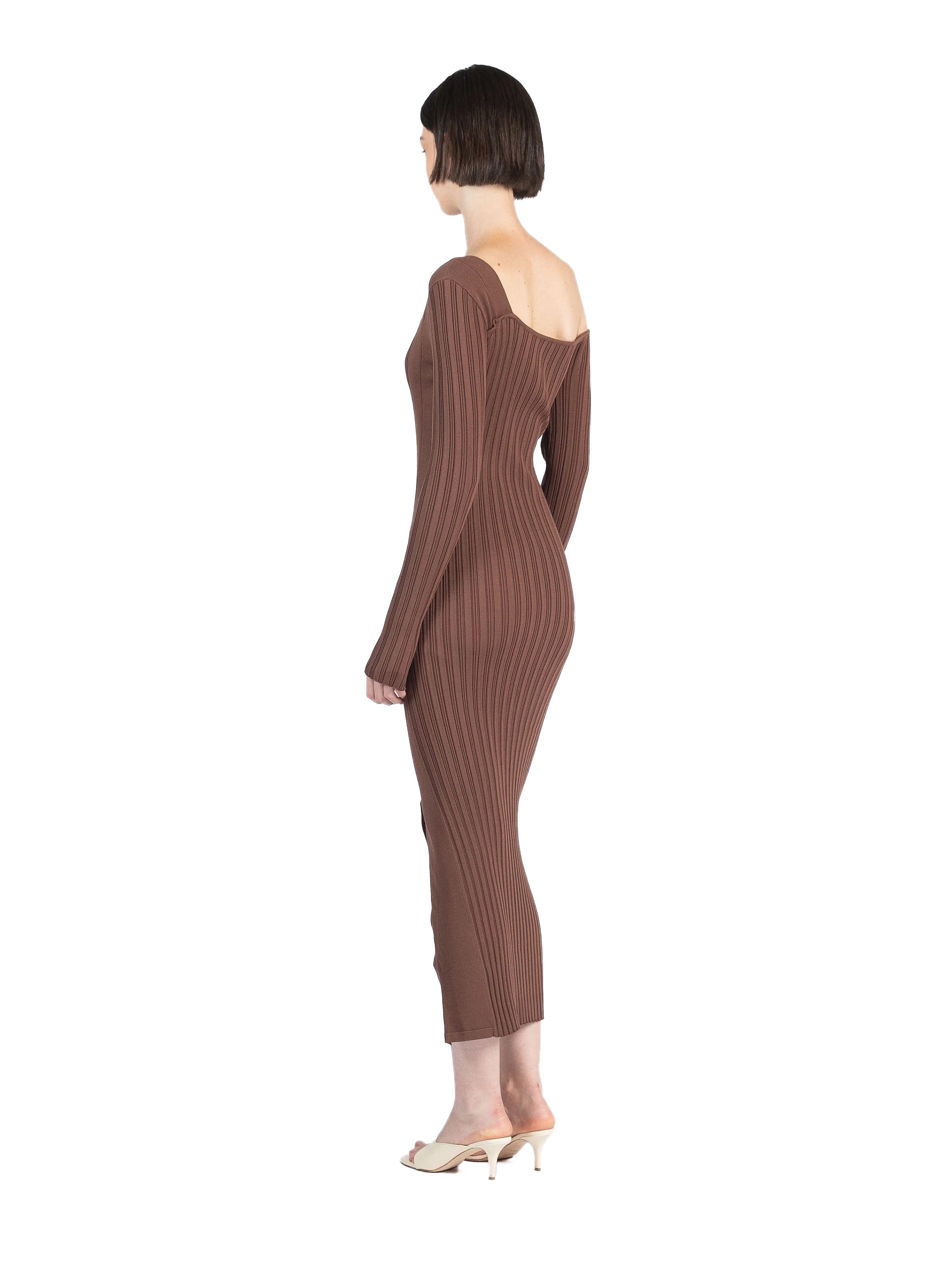 Asymmetric Fitted Dress Brown - 3