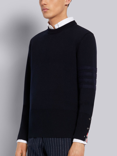 Thom Browne Navy Milano Stitch Fine Merino Crewneck Shetland 4-Bar Pullover outlook