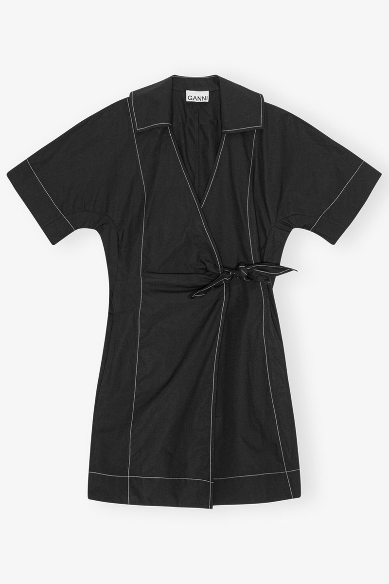 BLACK COTTON POPLIN WRAP MINI DRESS 1