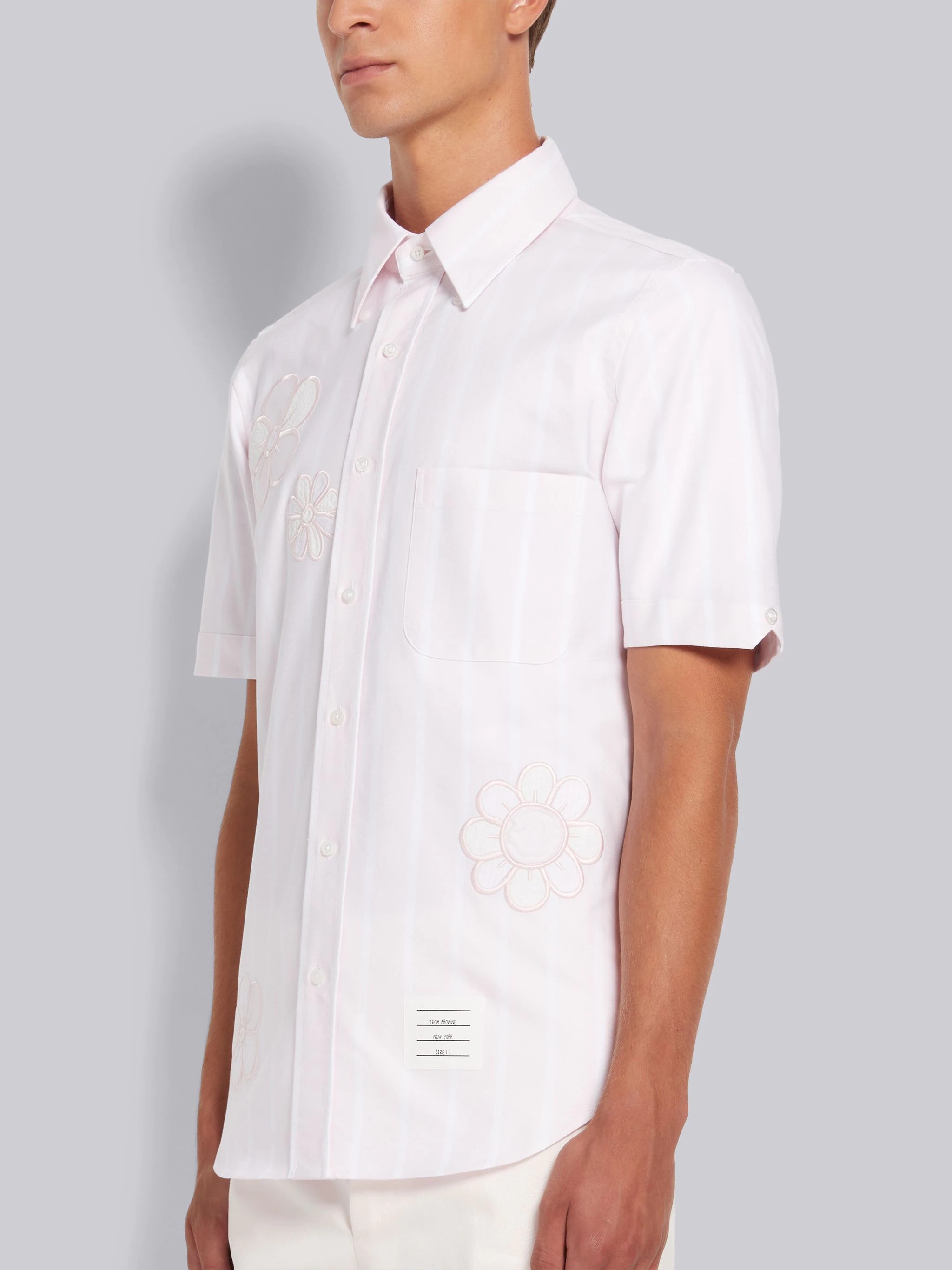 Light Pink Satin Stitch Floral Applique Straight Fit Short Sleeve Shirt - 2
