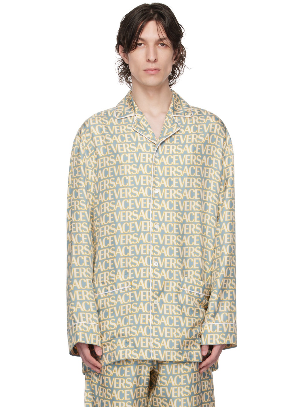 Blue & Off-White Allover Pyjama Shirt - 1