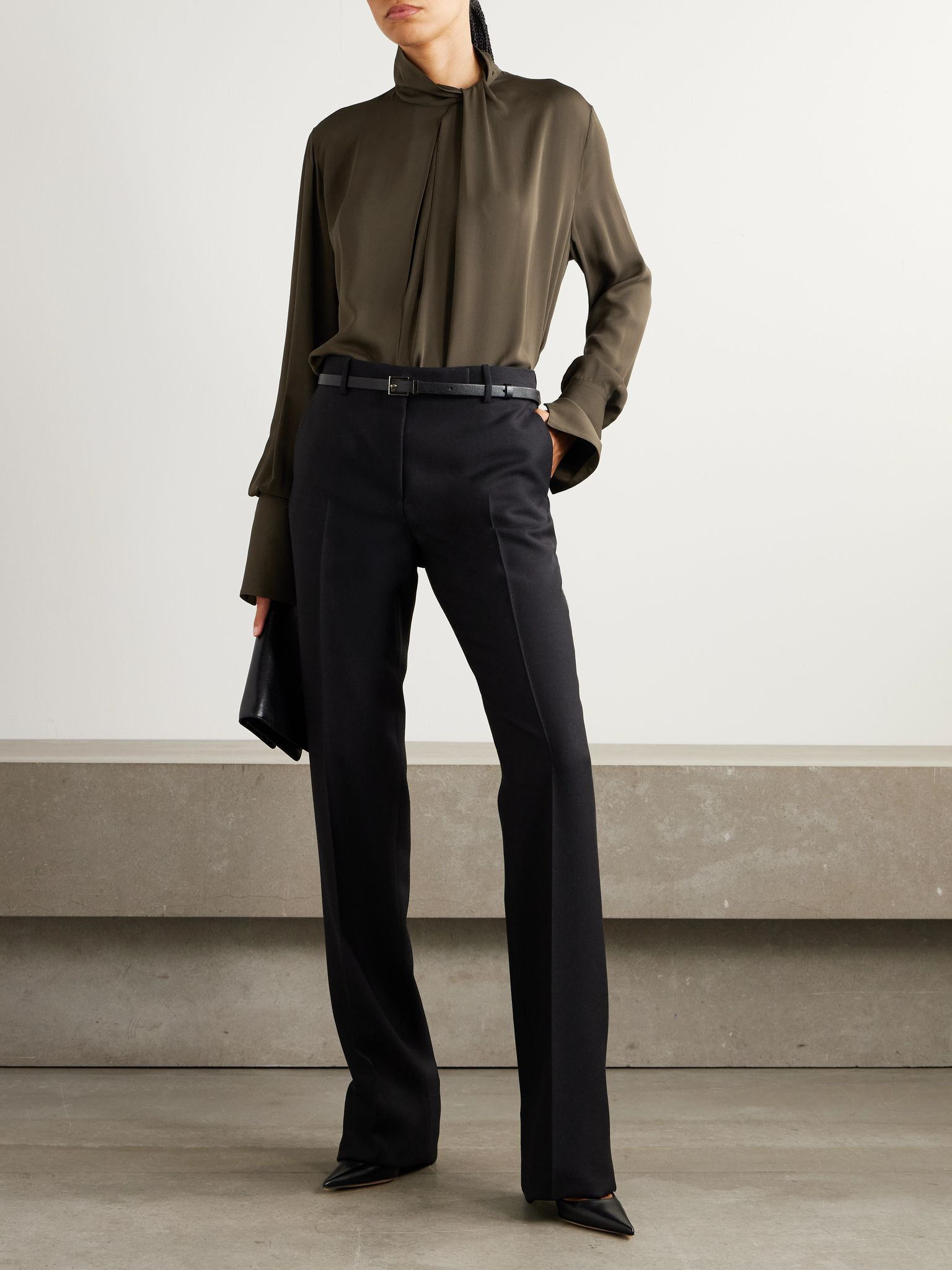 Cutout draped pleated silk-georgette blouse Brown - 2
