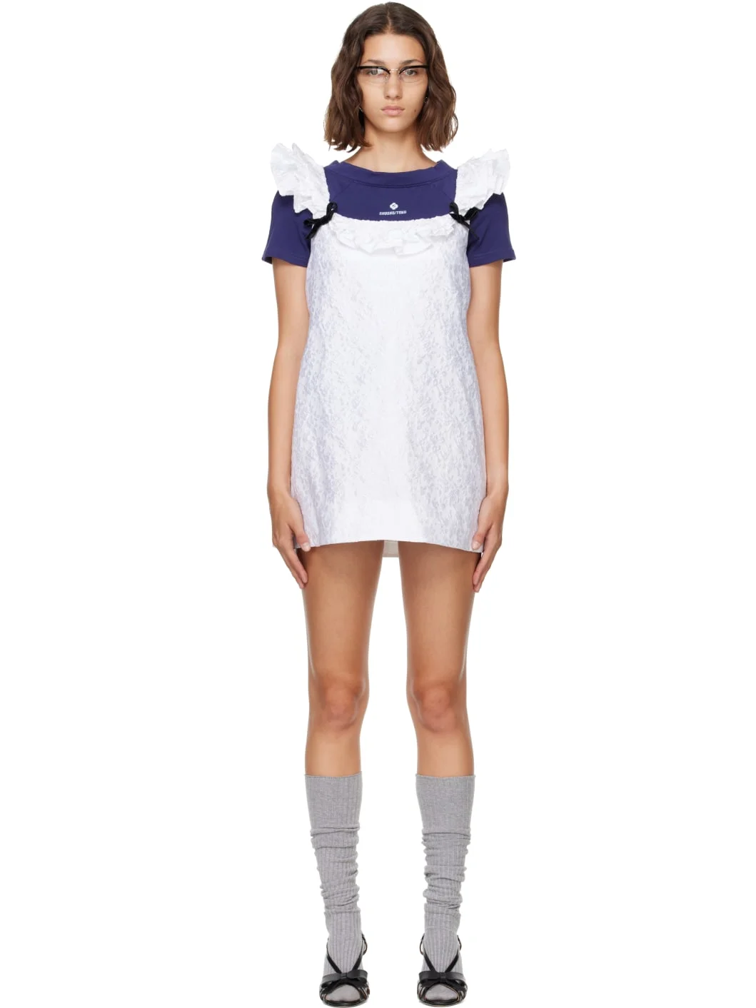 White Lace Trim Sleeve Straight Minidress - 1