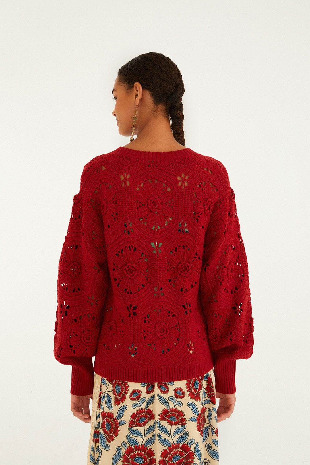 Red Crochet Flower Knit Cardigan - 4
