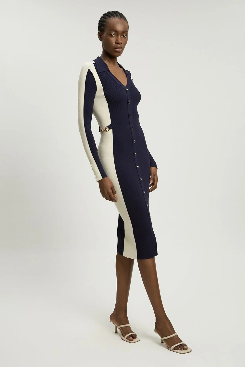 Viscose Rib Contrast Colour Button Knit Midi Dress - 1