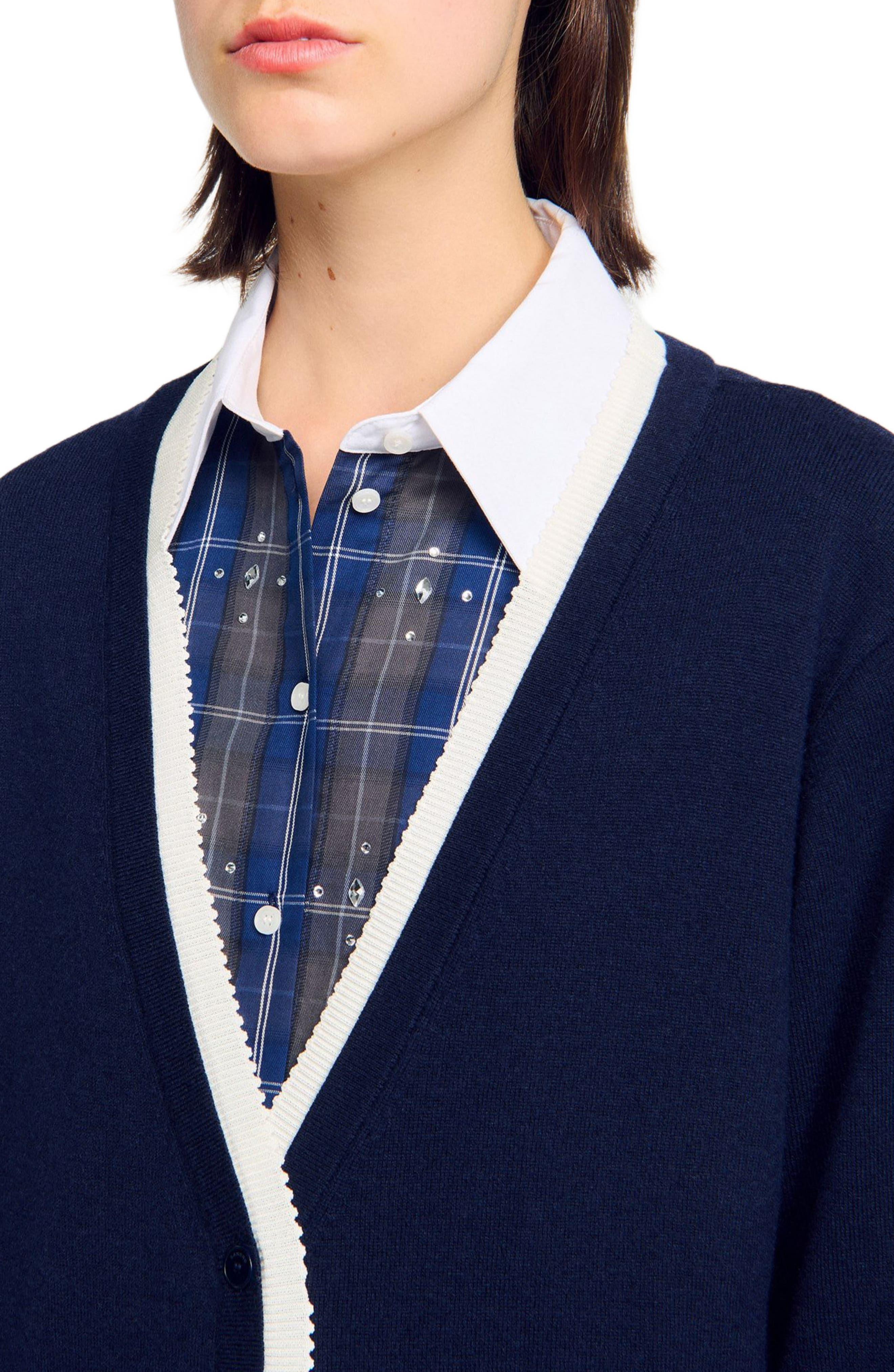 SANDRO Long two-tone cardigan in Navy Blue at Nordstrom - 5