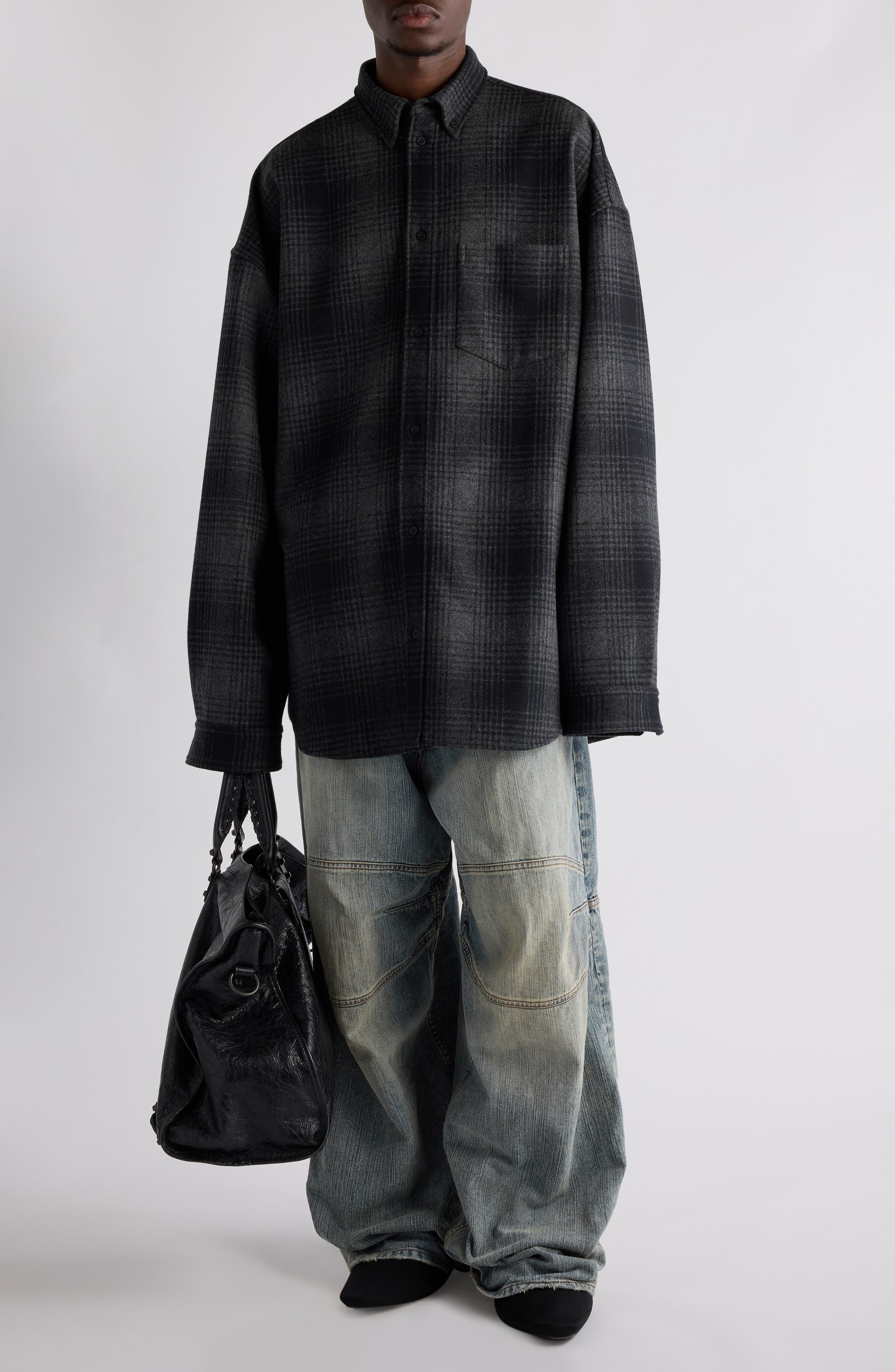 Balenciaga Oversize Plaid Wool Blend Flannel Button-Down Shirt in 1262 Grey/Black at Nordstrom - 2