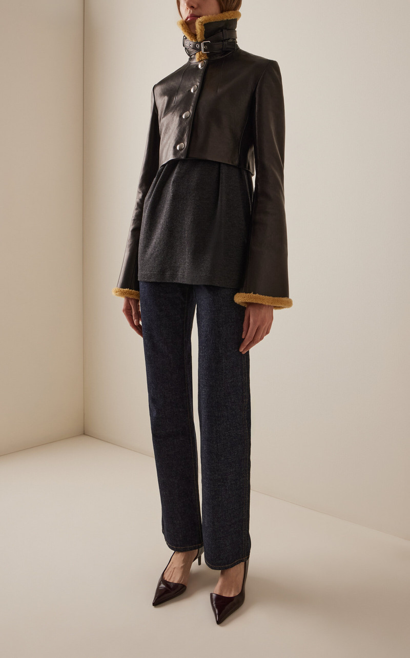 KHAITE Jodie Shearling-Trimmed Leather Jacket black outlook