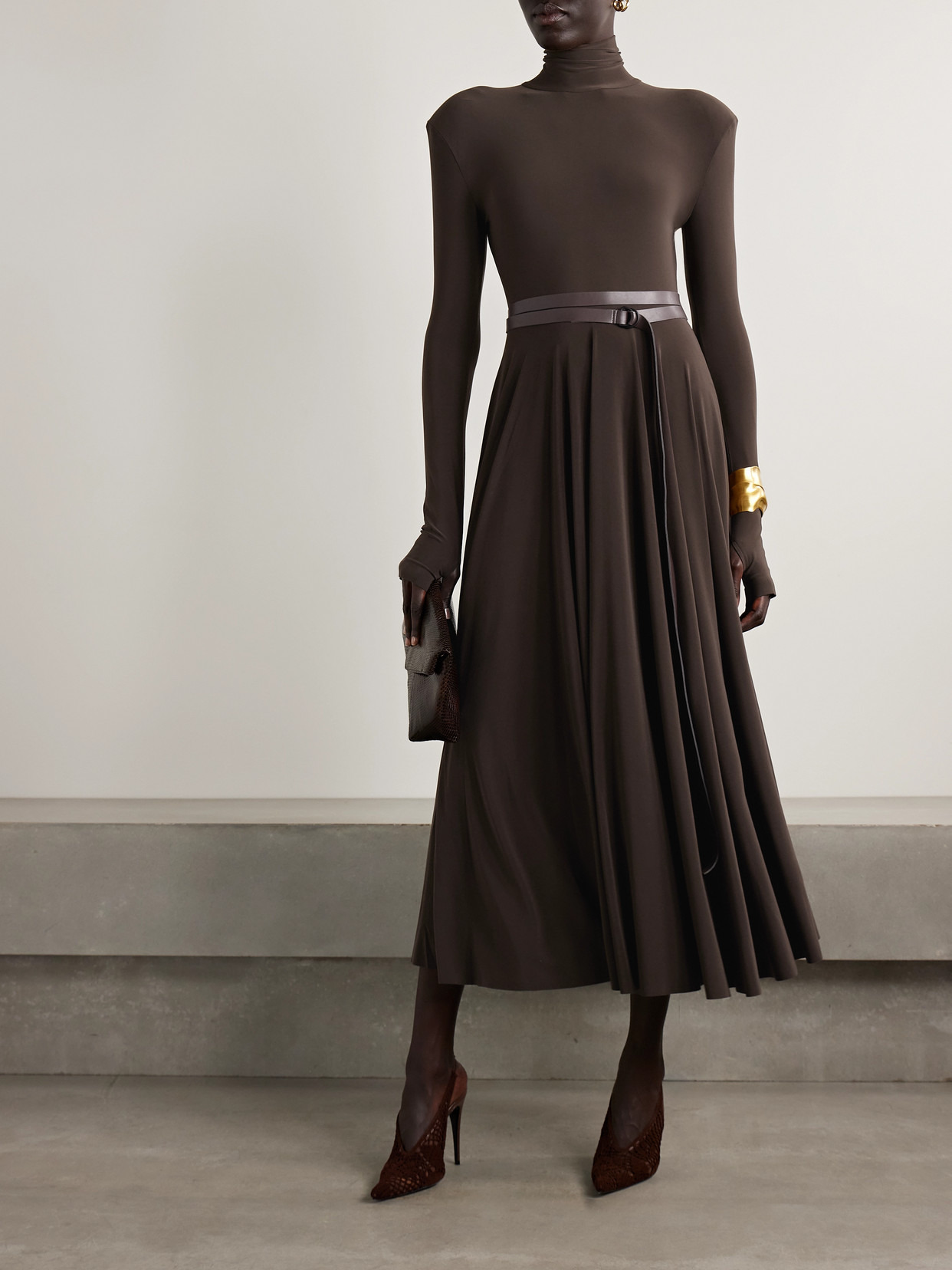 Belted Stretch-jersey Turtleneck Midi Dress - 2