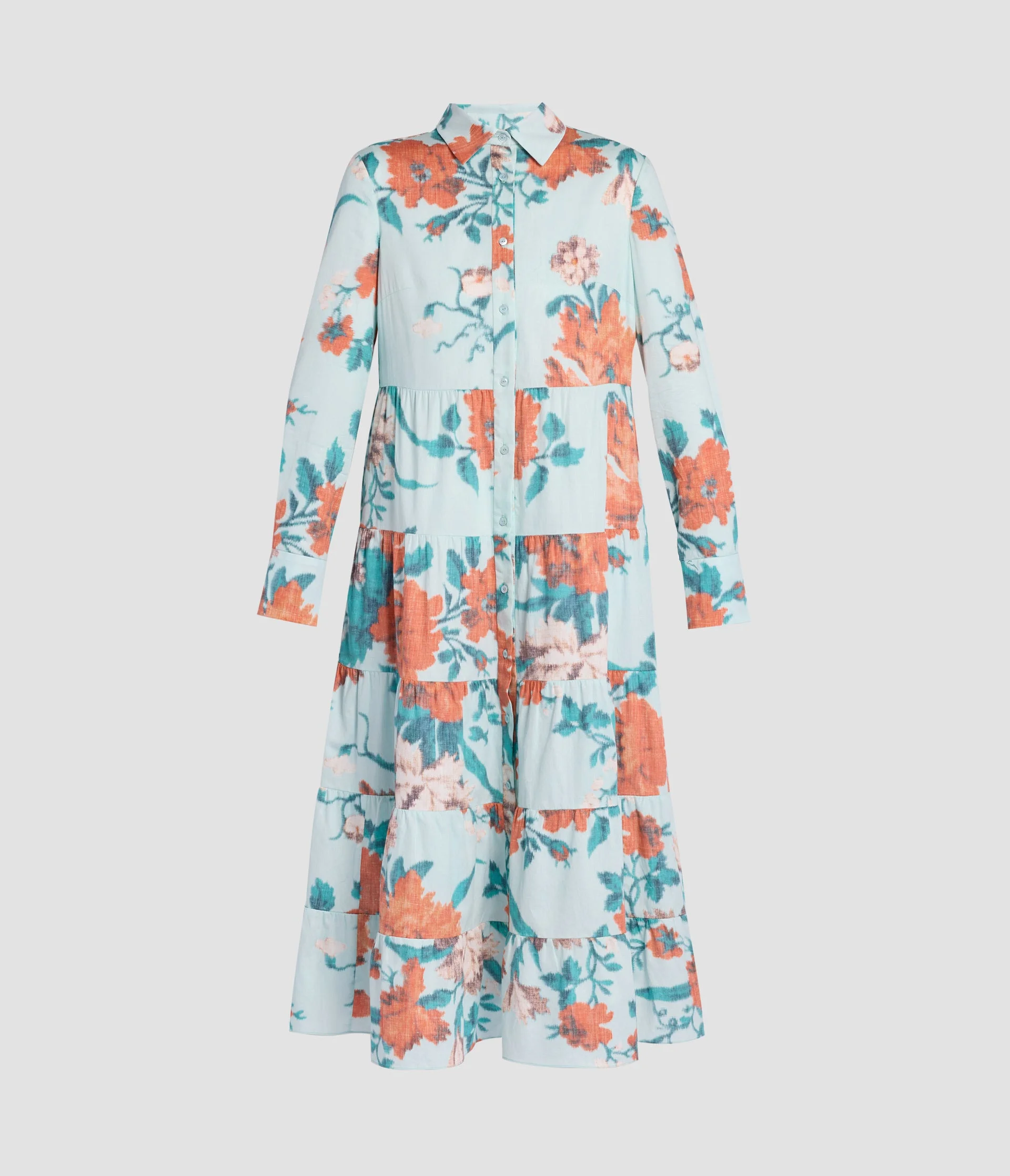 FLORAL PRINT COTTON TIERED MIDI SHIRT DRESS - 1