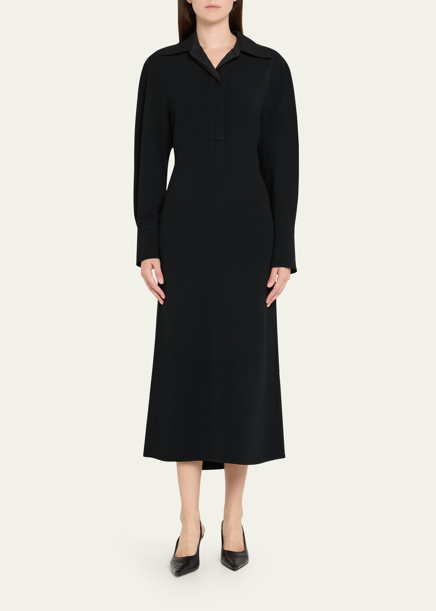 Long-Sleeve Polo Collar Midi Dress - 2