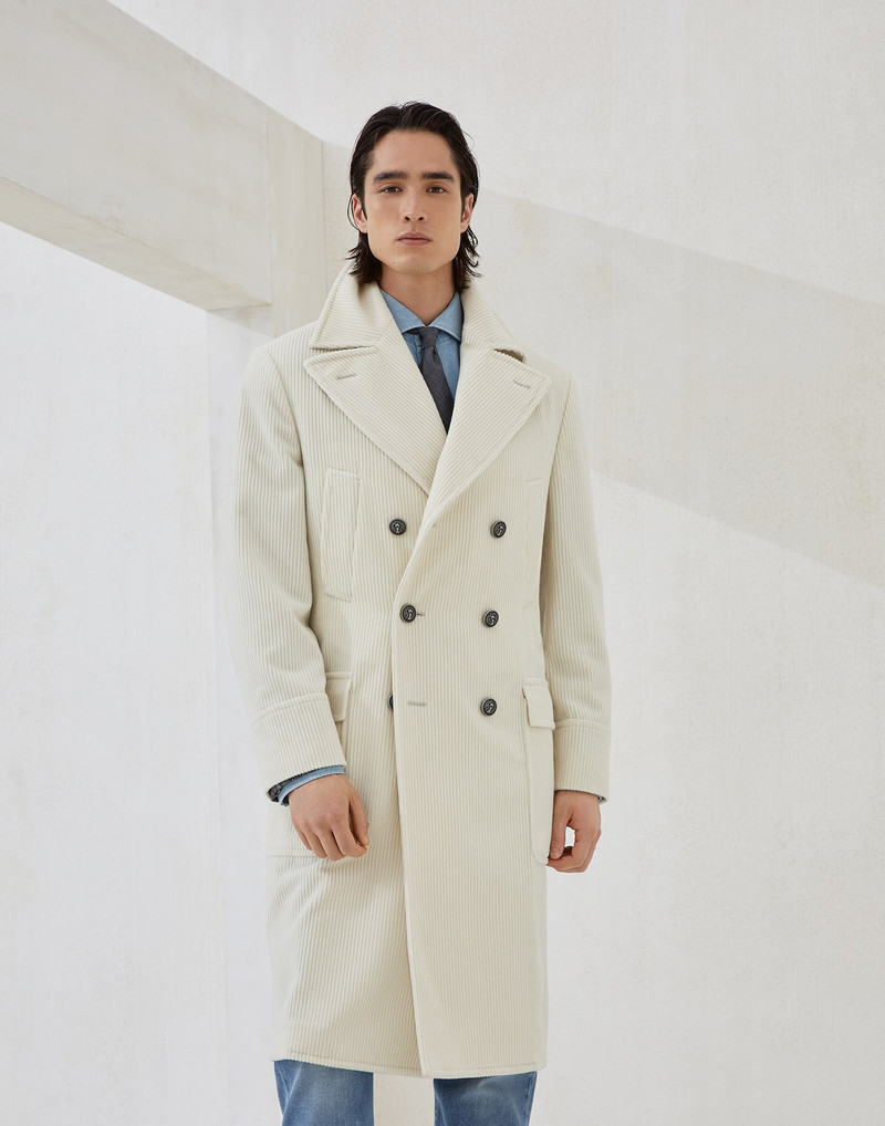 Cashmere wide wale corduroy one-and-a-half-breasted coat with patch pockets and metal buttons 1