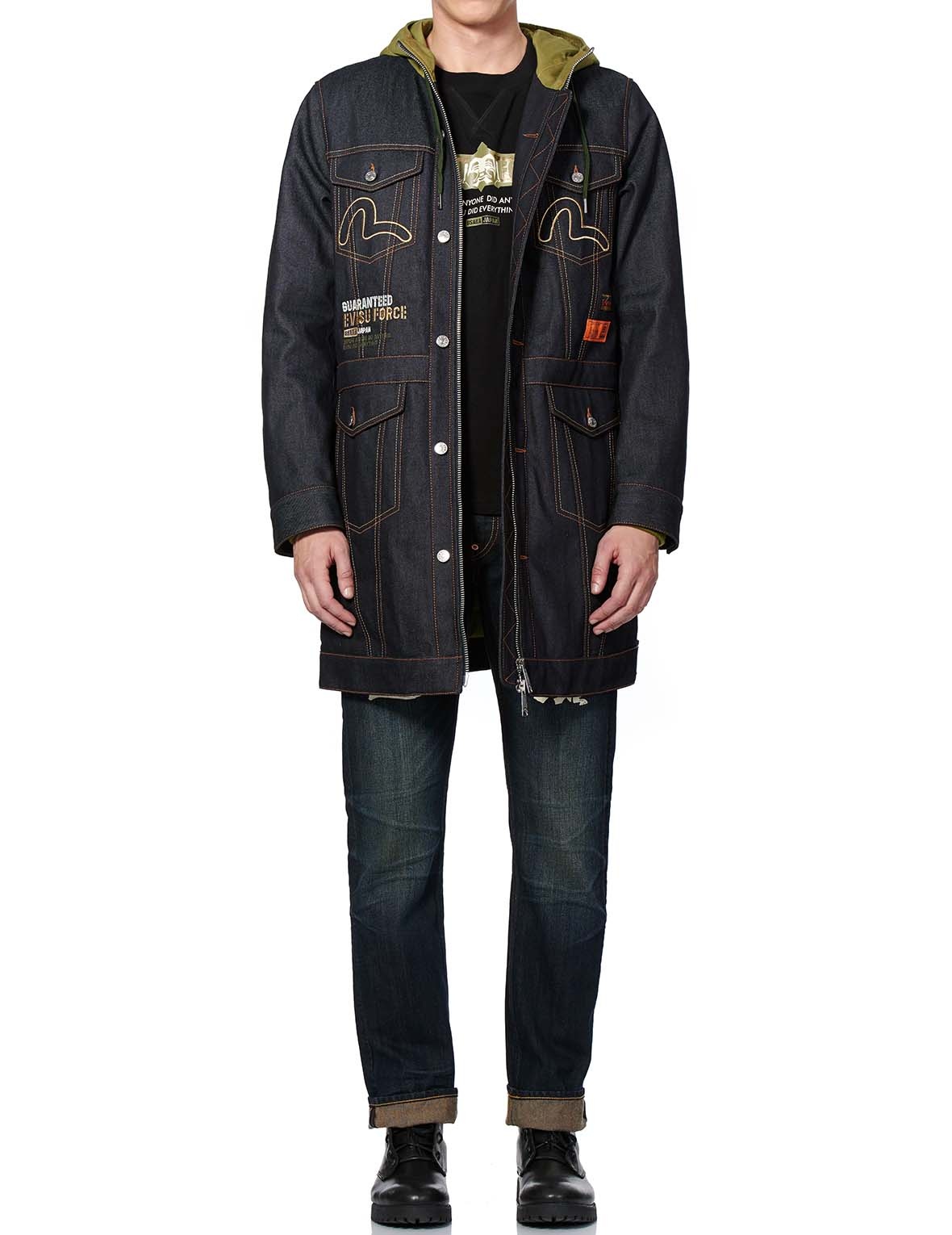 KAMON AND LOGO EMBROIDERED DENIM PADDED COAT - 1