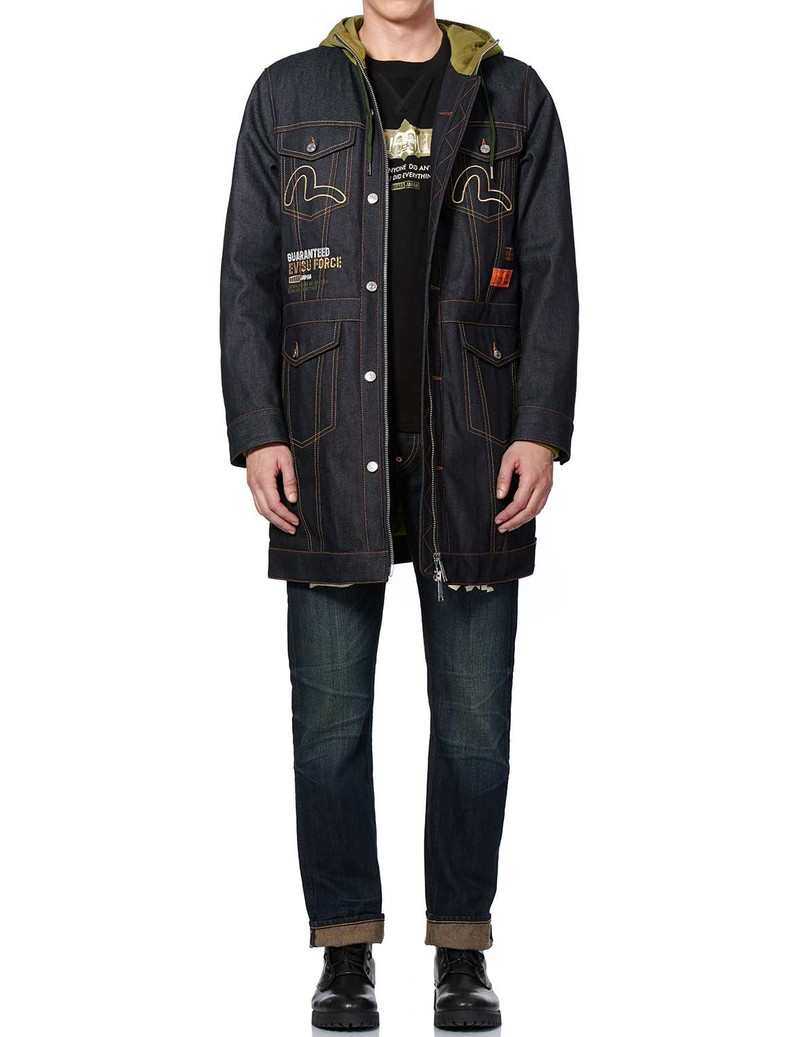 KAMON AND LOGO EMBROIDERED DENIM PADDED COAT 1