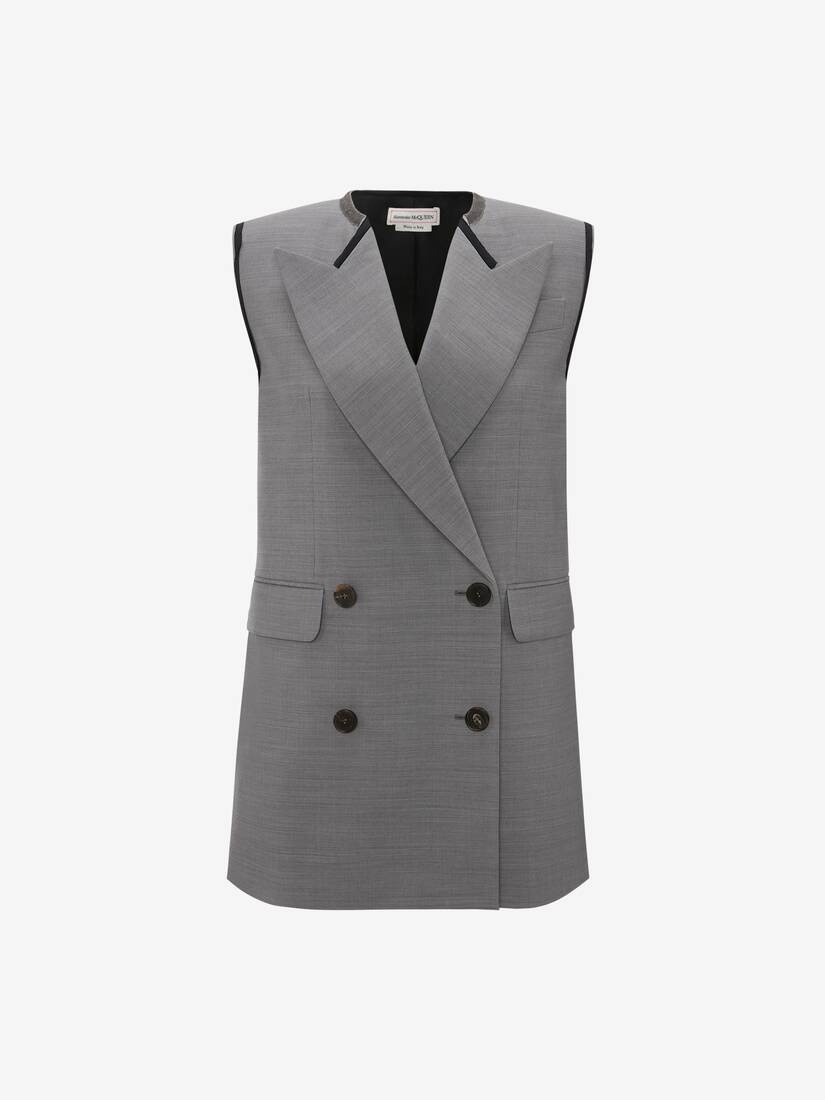 Women's Sleeveless Double-breasted Wool Jacket in Mid Grey Melange - 1