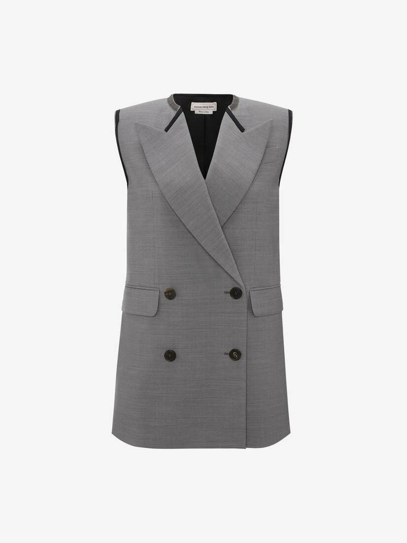 Women's Sleeveless Double-breasted Wool Jacket in Mid Grey Melange 1