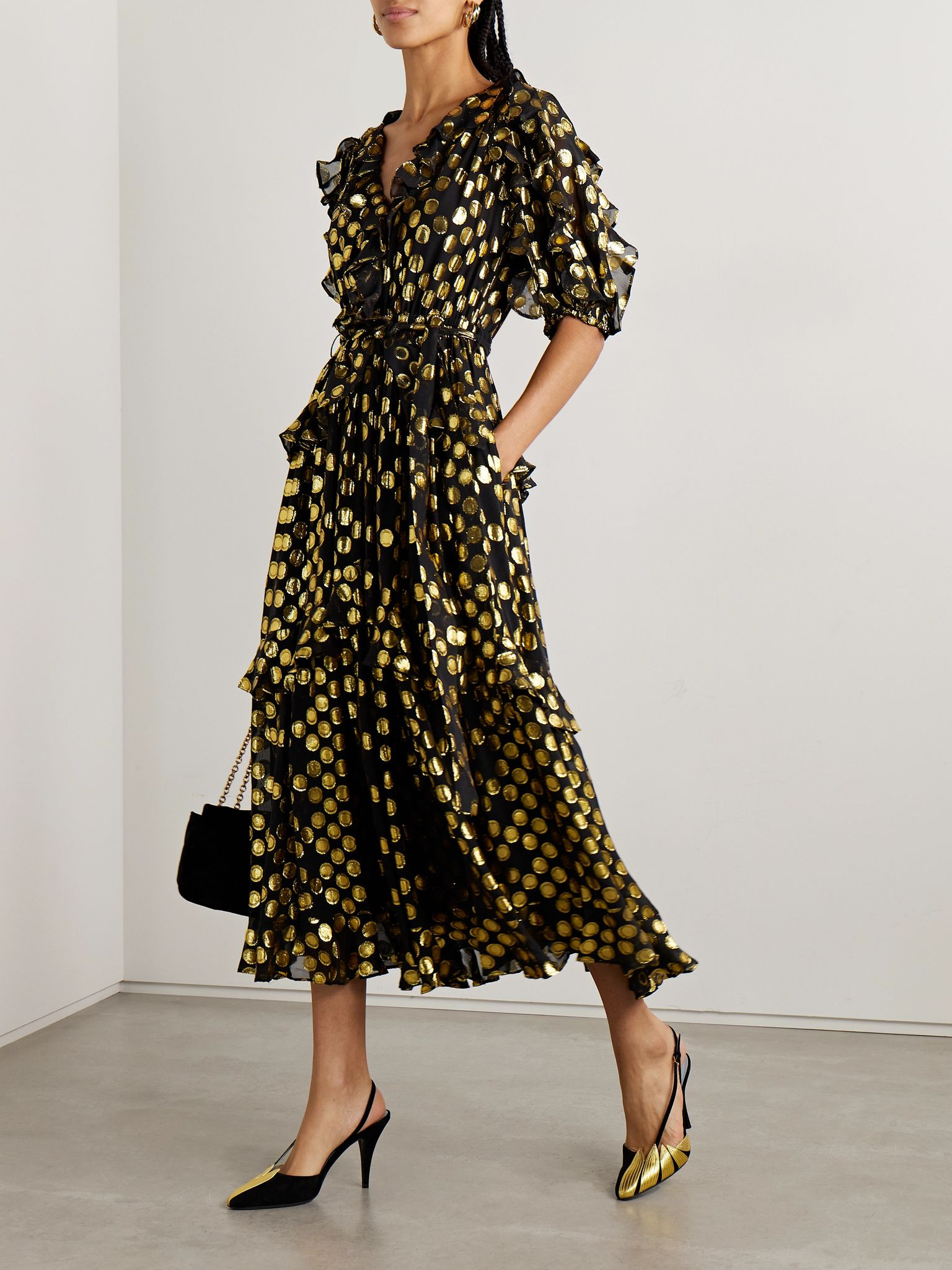 Tida belted metallic fil coupé silk-blend crepe de chine midi dress Black - 2